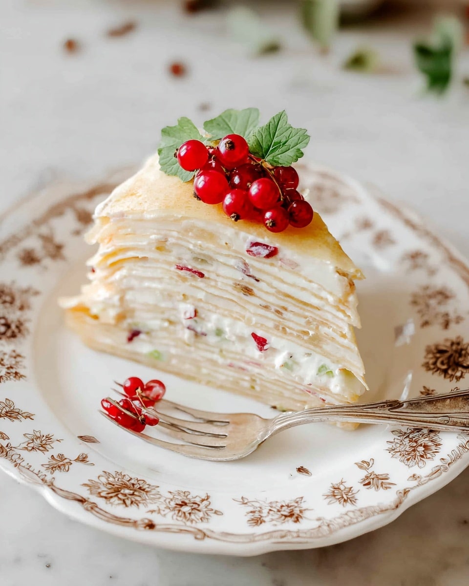 A slice of layered crepe cake sits on a white plate with a brown floral pattern. The cake has about nine thin, light yellow crepe layers, each separated by creamy white filling that includes small bits of red and green fruit. On top, there is a small cluster of bright red currants with green leaves. A silver fork is placed behind the cake on the plate. The entire scene is set on a white marbled surface. photo taken with an iphone --ar 4:5 --v 7