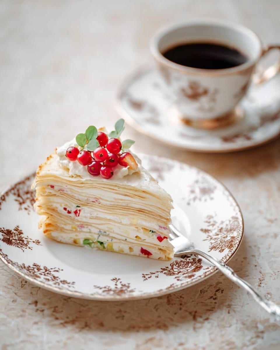 A slice of layered crepe cake is shown on a white plate with a brown floral pattern. The cake slice has about seven thin layers of light crepes alternating with white creamy filling which contains small pieces of colorful fruit like red and green bits. On the top layer, there is a small bunch of bright red berries and a few green leaves as decoration. Next to the plate is a matching teacup filled with dark coffee, both set on a white marbled textured surface. The focus is sharp on the cake slice and softens toward the background. photo taken with an iphone --ar 4:5 --v 7