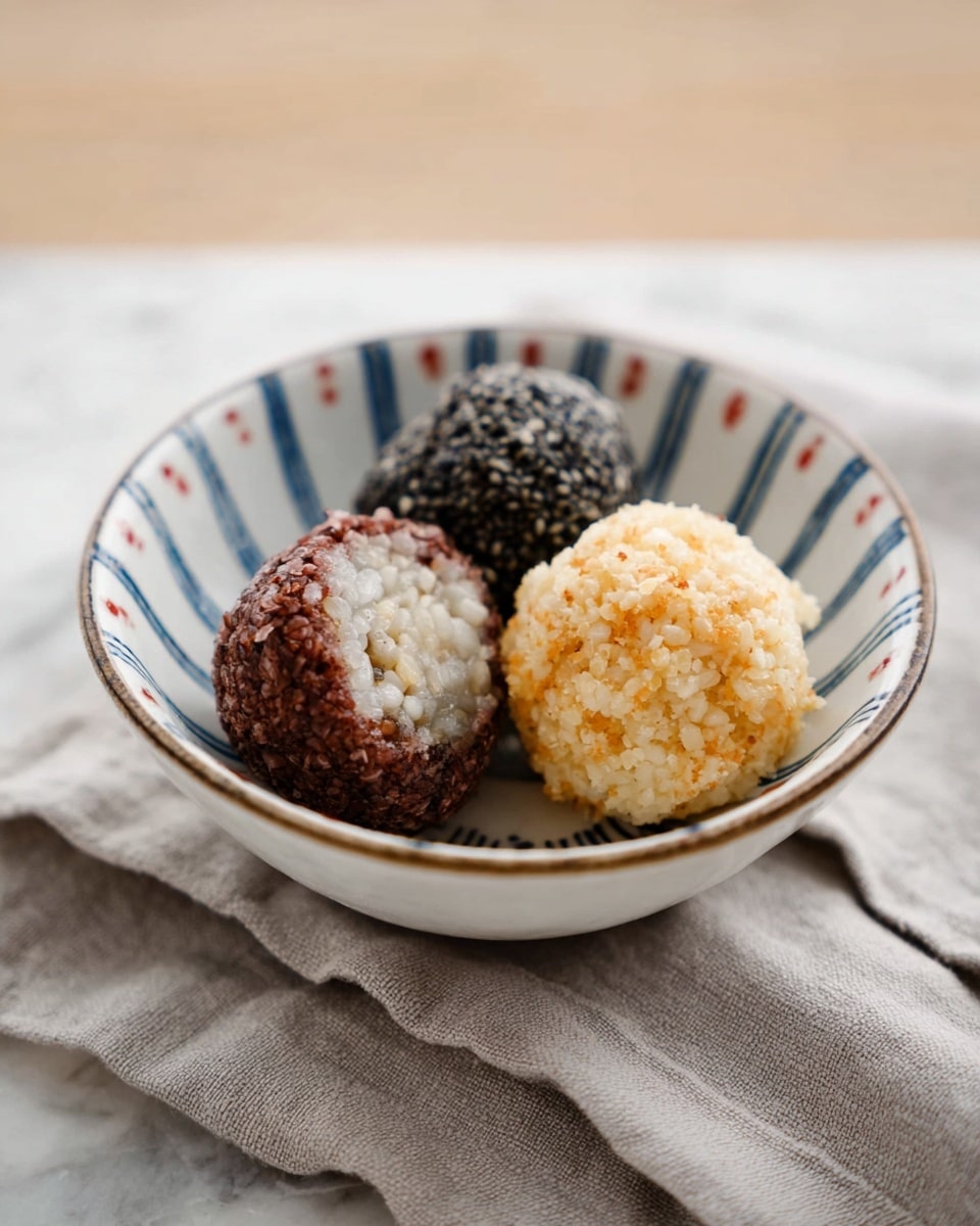 A white bowl with thin blue lines and red dots holds three rice balls, each with a different outer layer and texture. The first rice ball at the front has a red-brown outer layer showing a sticky white rice center with bits of beans mixed in. Behind it, one rice ball is coated in black sesame seeds, giving it a rough texture and dark color. The third rice ball to the right has a crumbly light yellow-orange coating. The bowl rests on a soft, light gray cloth on a white marbled surface. Photo taken with an iphone --ar 4:5 --v 7