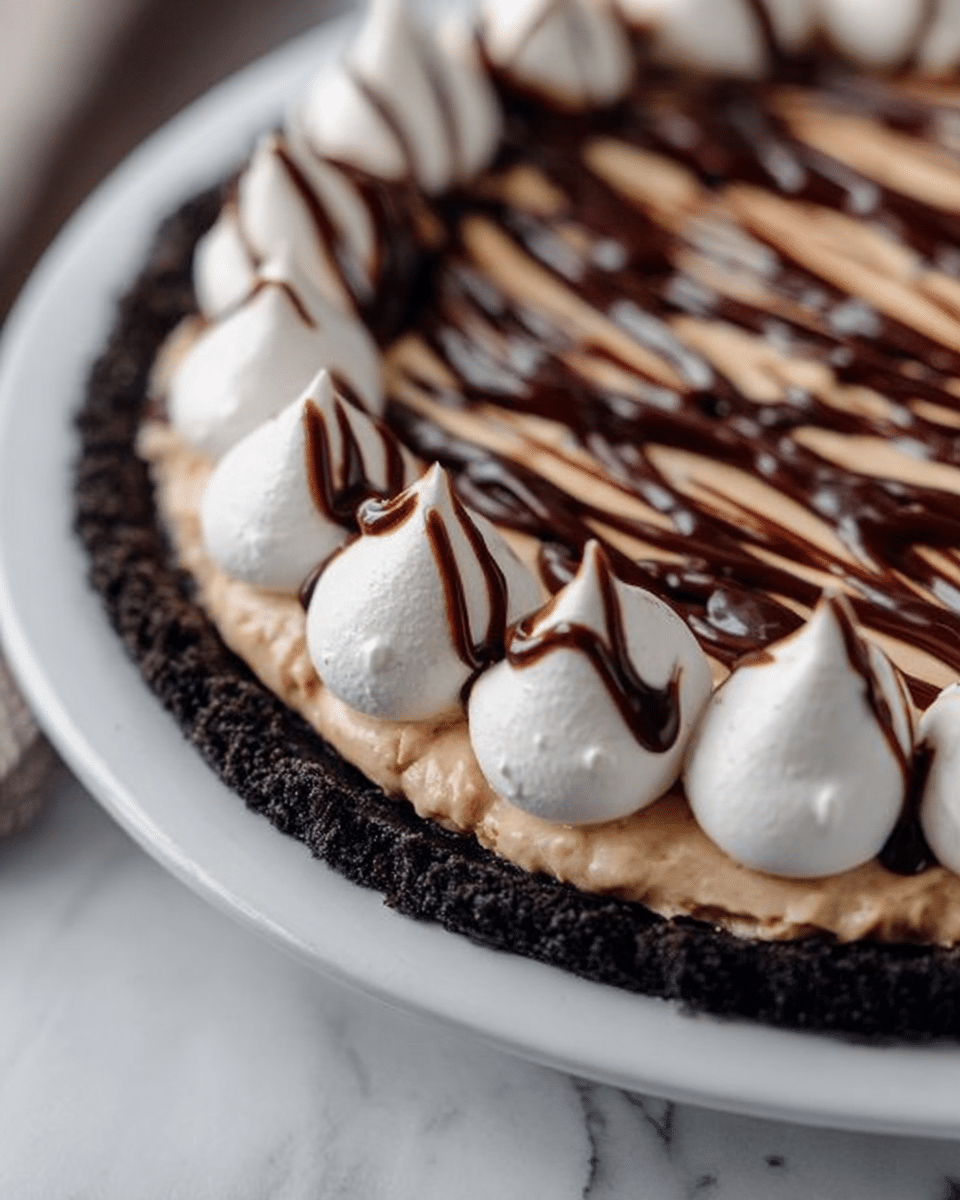 The image shows two slices of a creamy beige cheesecake with a dark chocolate crust at the base, placed on a white plate. The cheesecake has a smooth top layer drizzled with dark chocolate syrup in wavy lines. On top, there are small white meringue dollops sprinkled with tiny dark crumbs, along with whole pecans and two glossy, deep red cherries placed near the center. One pecan lies on the plate next to the cheesecake slices. The scene is set against a white marbled surface, creating a clean and bright background. photo taken with an iphone --ar 4:5 --v 7