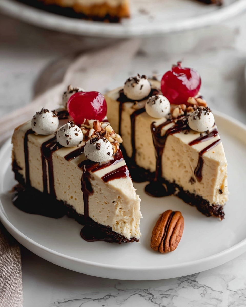 The image shows a close-up of a pie in a white plate, placed on a white marbled surface. The pie has a dark, crumbly crust forming the base. Inside, there is a smooth layer of light brown filling, topped with thick swirls of chocolate drizzle across the surface. Around the edge of the pie sits a ring of evenly spaced, white, glossy meringue dollops, each with a smooth and pointed peak. The focus is on the details of the pie’s top layers, highlighting the contrast between the dark crust, light filling, shiny chocolate, and bright meringue. Photo taken with an iphone --ar 4:5 --v 7