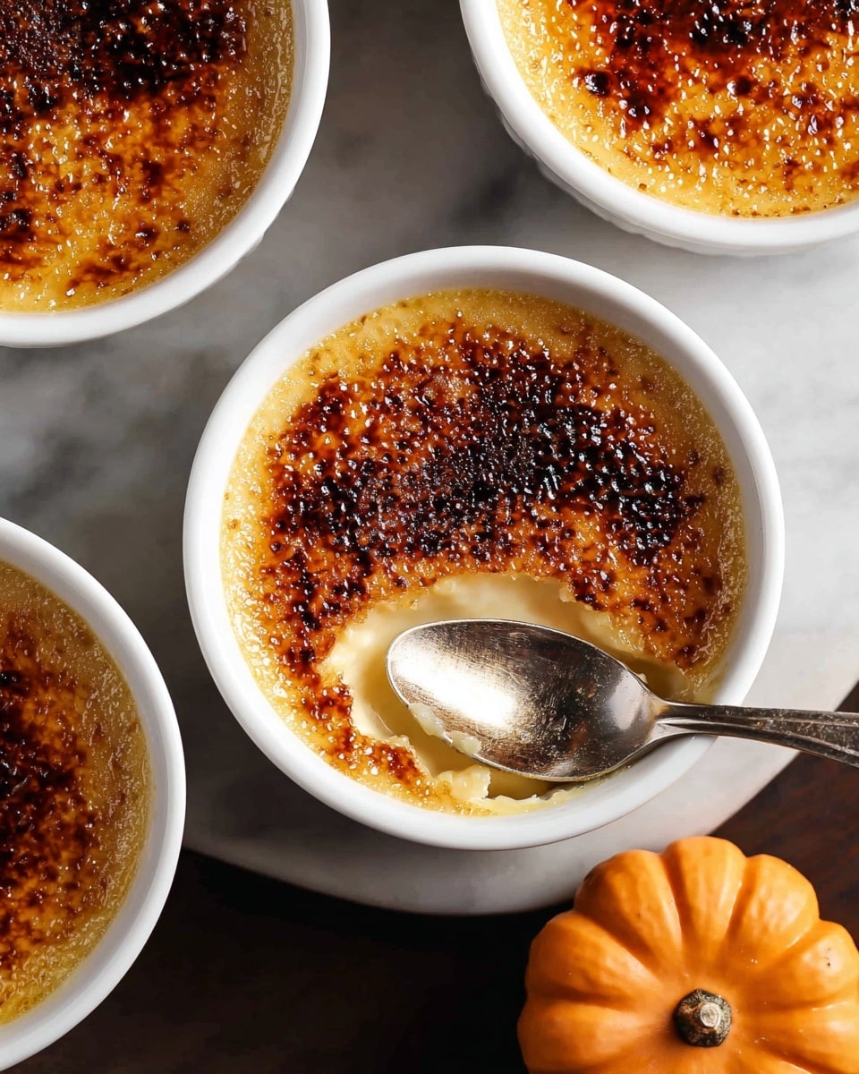 Three white round ramekins filled with crème brûlée are placed on a white marbled texture. Each has a shiny, golden-brown caramelized sugar crust on top with a slightly uneven darker brown pattern. One ramekin is partially scooped with a silver spoon, showing a creamy, smooth, pale yellow custard layer under the crunchy top. Near the ramekins, there is a small light orange pumpkin for decoration. photo taken with an iphone --ar 4:5 --v 7