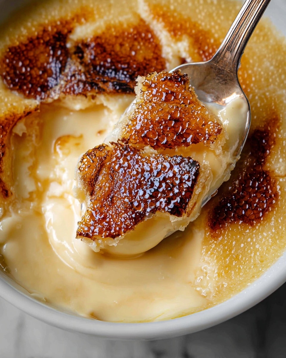 The image shows a close-up of a creamy dessert in a white bowl with a smooth, pale yellow base layer that looks soft and thick. On top of this creamy layer, there are several pieces of caramelized, golden brown custard skin with a slightly burnt texture, creating a shiny and crispy contrast. A vintage silver spoon is partly submerged in the dessert, lifting one piece of the caramelized skin along with some creamy base. The bowl sits on a white marbled surface. photo taken with an iphone --ar 4:5 --v 7