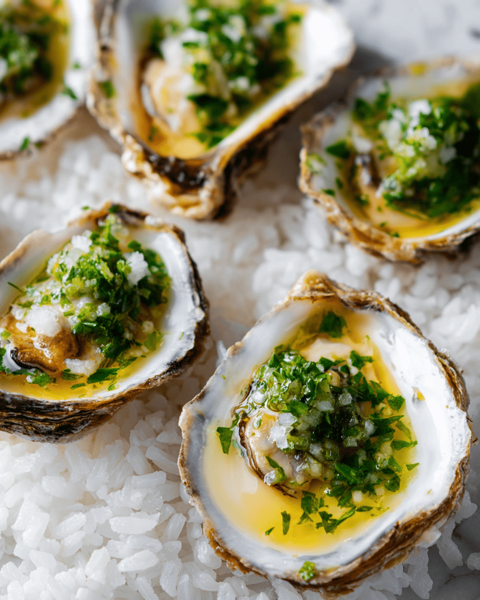 The image shows a close-up of oysters on a bed of uncooked white rice. Each oyster shell has a rough, dark outer edge with a smooth, shiny white inner surface. Inside the oyster, there is a small piece of the oyster meat, which is light brown and slightly glossy. On top of the oyster meat, there is a layer of green herbs, likely parsley, and a light yellow sauce with a shiny, smooth texture. The background is a white marbled surface that highlights the fresh look of the oysters. Photo taken with an iphone --ar 4:5 --v 7