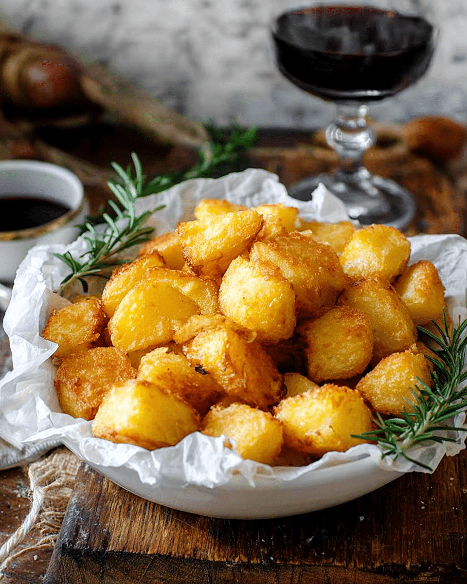 A white bowl lined with crumpled white parchment paper holds a heap of golden, crispy roasted potato cubes, each piece showing a crunchy outside with a soft inside. A green sprig of rosemary lies on top of the potatoes, adding a fresh touch. In the background, there is a glass of dark red wine with a clear stem and a rustic wooden surface beneath the bowl contrasts with the white marbled texture behind it. Photo taken with an iphone --ar 4:5 --v 7