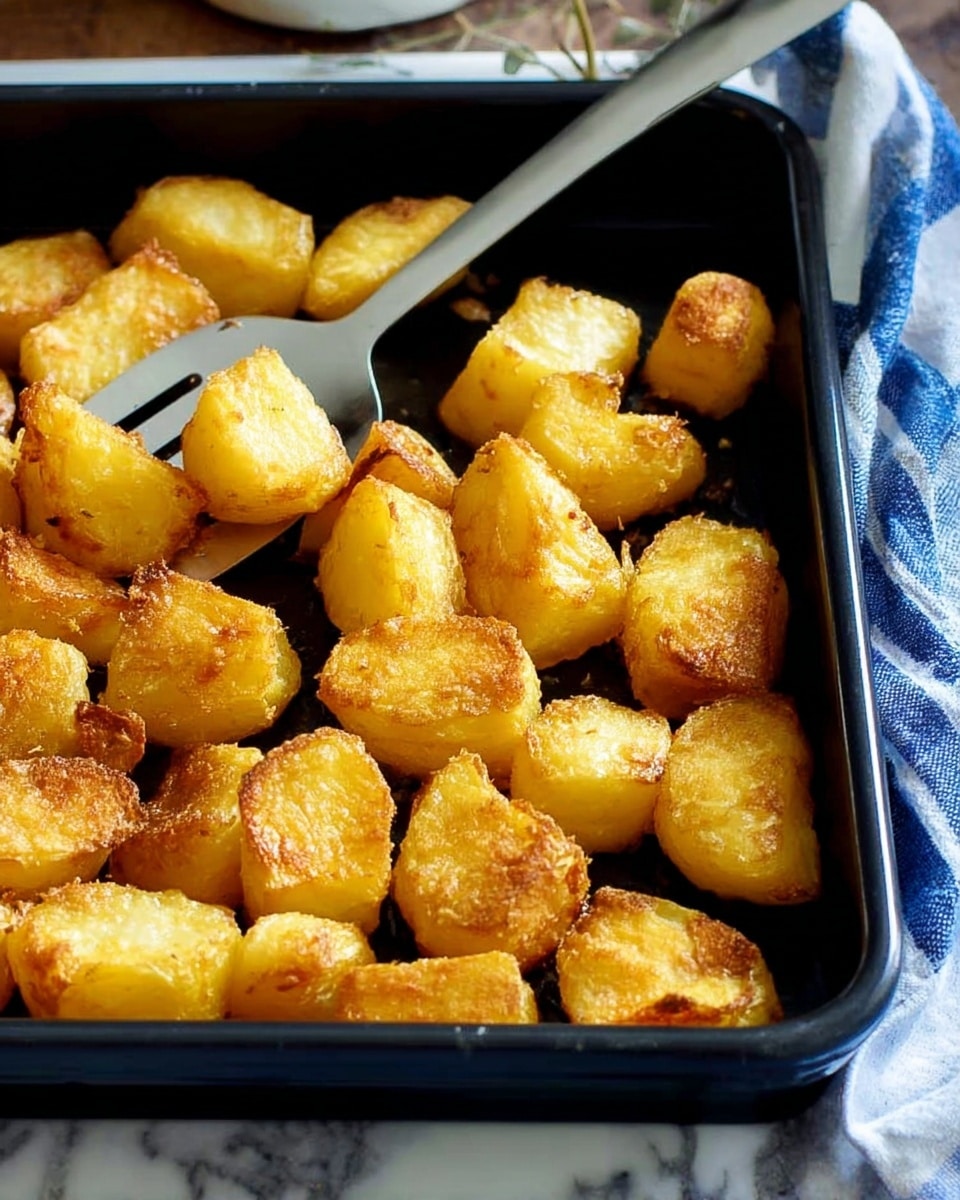 The image shows a black baking tray filled with golden brown roasted potato pieces, each with a crispy exterior and soft texture. The potatoes are cut into chunky, irregular shapes and arranged closely together, showing some crispy edges and light browning. A silver spatula is visible at the back left corner of the tray, lifting a few potato pieces. The background features a white marbled surface and a blue and white striped cloth partially visible in the upper right corner. Photo taken with an iphone --ar 4:5 --v 7