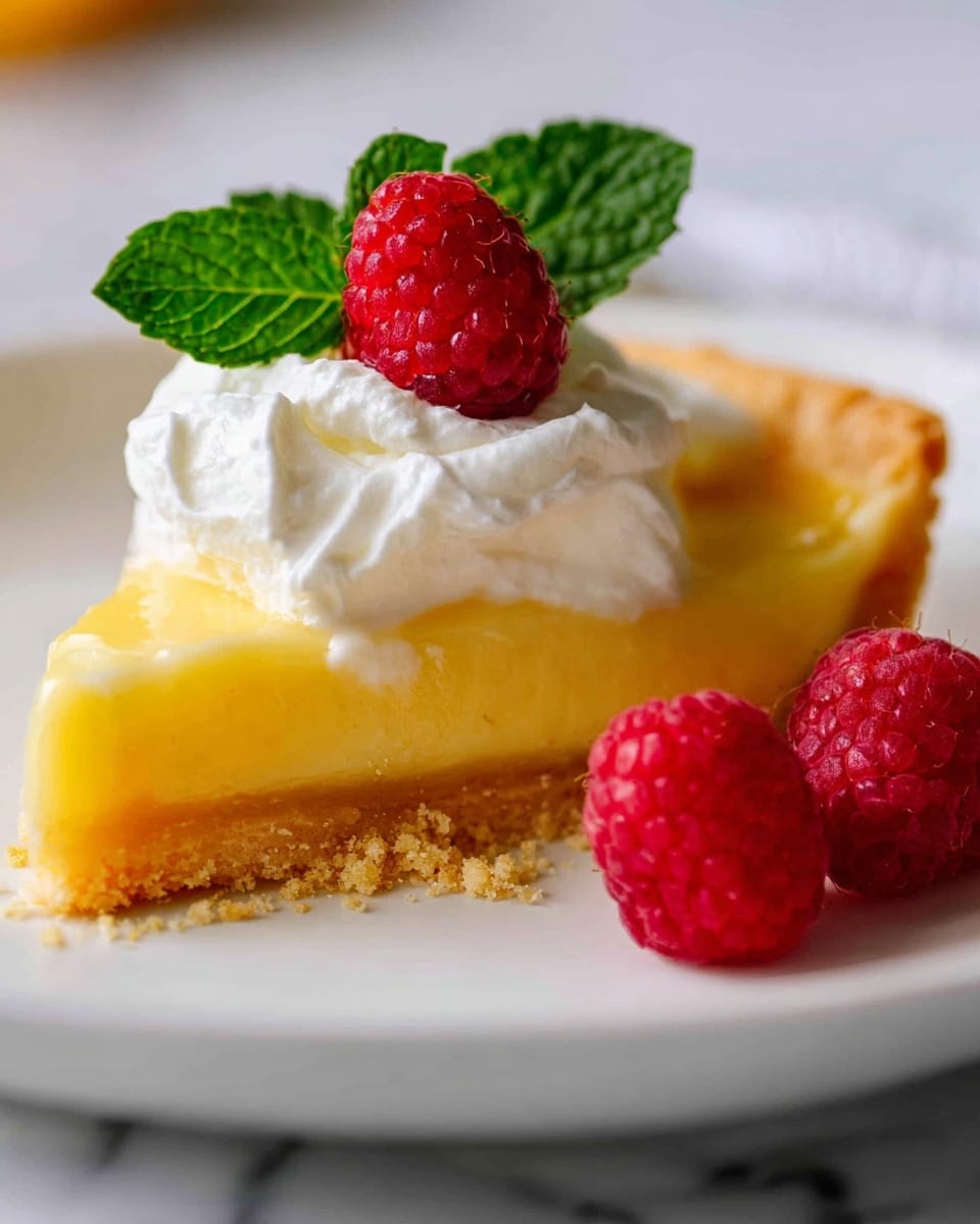 A slice of lemon tart with three distinct layers sits on a white plate with a white marbled background: a golden crumbly crust at the bottom, a thick smooth pale yellow lemon filling in the middle, and a dollop of white whipped cream on top. A single bright red raspberry and a small bunch of fresh green mint leaves rest on the whipped cream. Two more raspberries lie beside the tart slice on the plate. Photo taken with an iphone --ar 4:5 --v 7