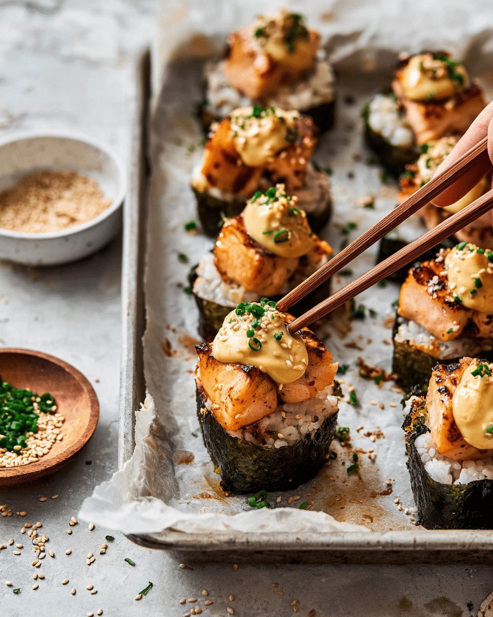 The image shows several sushi bites arranged on a baking tray lined with parchment paper, placed on a white marbled texture surface. Each sushi bite has three visible layers: a dark green seaweed sheet base with a shiny texture, a thick white layer of sticky rice above it, and a topping of golden-brown grilled salmon pieces. On top of the salmon, there is a dollop of creamy yellow sauce, sprinkled with small green chopped chives and light brown sesame seeds. A pair of wooden chopsticks held by a woman's hand is picking up one sushi bite, focusing on the detailed texture of the salmon and sauce. To the side, there is a white bowl filled with sesame seeds and a small wooden plate with more chopped chives. The overall look is fresh and inviting with warm, natural lighting. photo taken with an iphone --ar 4:5 --v 7