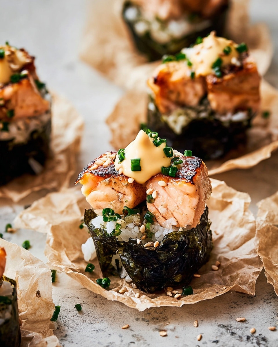 This dish shows small sushi stacks arranged on crumpled light brown parchment paper over a white marbled texture. Each stack starts with a base of dark green seaweed wrapped around a layer of white sushi rice mixed with tiny green chive pieces. On top of the rice, there are several cubes of cooked salmon that have a light golden-brown grilled surface. Each stack is finished with a small dollop of light yellow creamy sauce, sprinkled with tan sesame seeds and small chopped green chives, adding color and texture contrast. Photo taken with an iphone --ar 4:5 --v 7