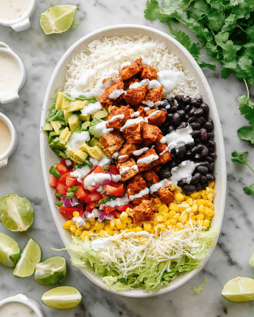 A white oval bowl holds a colorful layered dish arranged in neat horizontal sections. Starting from the bottom, there is a layer of shredded green lettuce, topped with a layer of white shredded cheese. Above that is a layer of white rice, followed by a layer of seasoned grilled chicken pieces in a reddish-brown color. Next to the chicken is a layer of black beans, then a layer of bright yellow corn. On top of the corn and next to it, there are diced avocado pieces and a colorful mix of diced tomatoes, onions, and cilantro. A white creamy sauce is lightly drizzled over the chicken, black beans, corn, and avocado. The bowl is placed on a white marbled surface with lime wedges, some cilantro, and small white dishes with sauces visible around it. Photo taken with an iphone --ar 4:5 --v 7