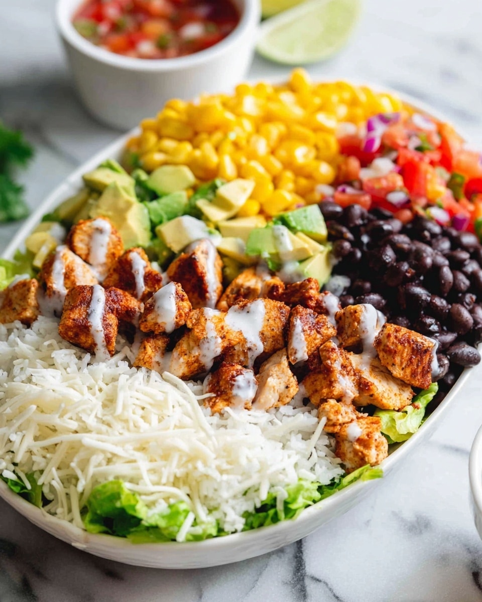 A white bowl is filled with layers of food, starting with a base of green lettuce at the front edge, followed by shredded white cheese next to it. Behind the cheese is a serving of white rice. Next to the rice, there are pieces of cooked, seasoned chicken with a light sauce drizzled on top. Above the chicken, there is a section of black beans also drizzled with the sauce. To the right of the beans is bright yellow corn, and in the far back, a mix of diced tomatoes, avocado, and onions can be seen. The bowl is placed on a white marbled surface with a small white bowl of salsa blurred in the background. photo taken with an iphone --ar 4:5 --v 7