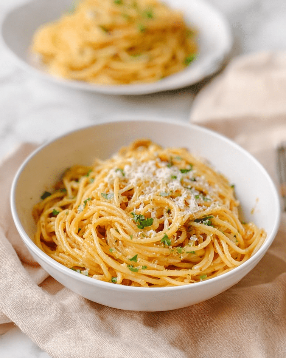 A white bowl filled with a single layer of cooked spaghetti noodles that are golden yellow with a shiny, slightly oily texture, mixed with small bits of green herbs and tiny pieces of white onion scattered throughout. The top layer is sprinkled with finely grated white cheese, giving a soft, fluffy appearance. Behind the bowl, a white plate holds a larger serving of the same spaghetti, blurred in the background. Both the bowl and plate rest on a soft beige cloth over a white marbled surface. photo taken with an iphone --ar 4:5 --v 7