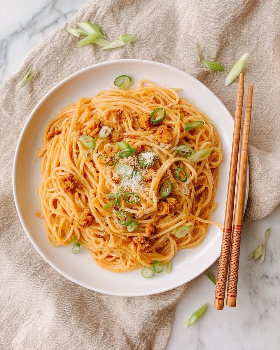 A white plate holds a single layer of thin spaghetti coated in a light orange sauce, with small bits of golden-brown fried pieces scattered evenly throughout. On top and around the pasta are thin slices of green onion, adding spots of fresh green color. A light dusting of grated white cheese is sprinkled mostly in the center, creating a soft texture contrast. The plate sits on a beige cloth with some green onion pieces scattered, resting on a white marbled surface. To the right of the plate, a pair of wooden chopsticks with a light burn pattern lay side by side. photo taken with an iphone --ar 4:5 --v 7