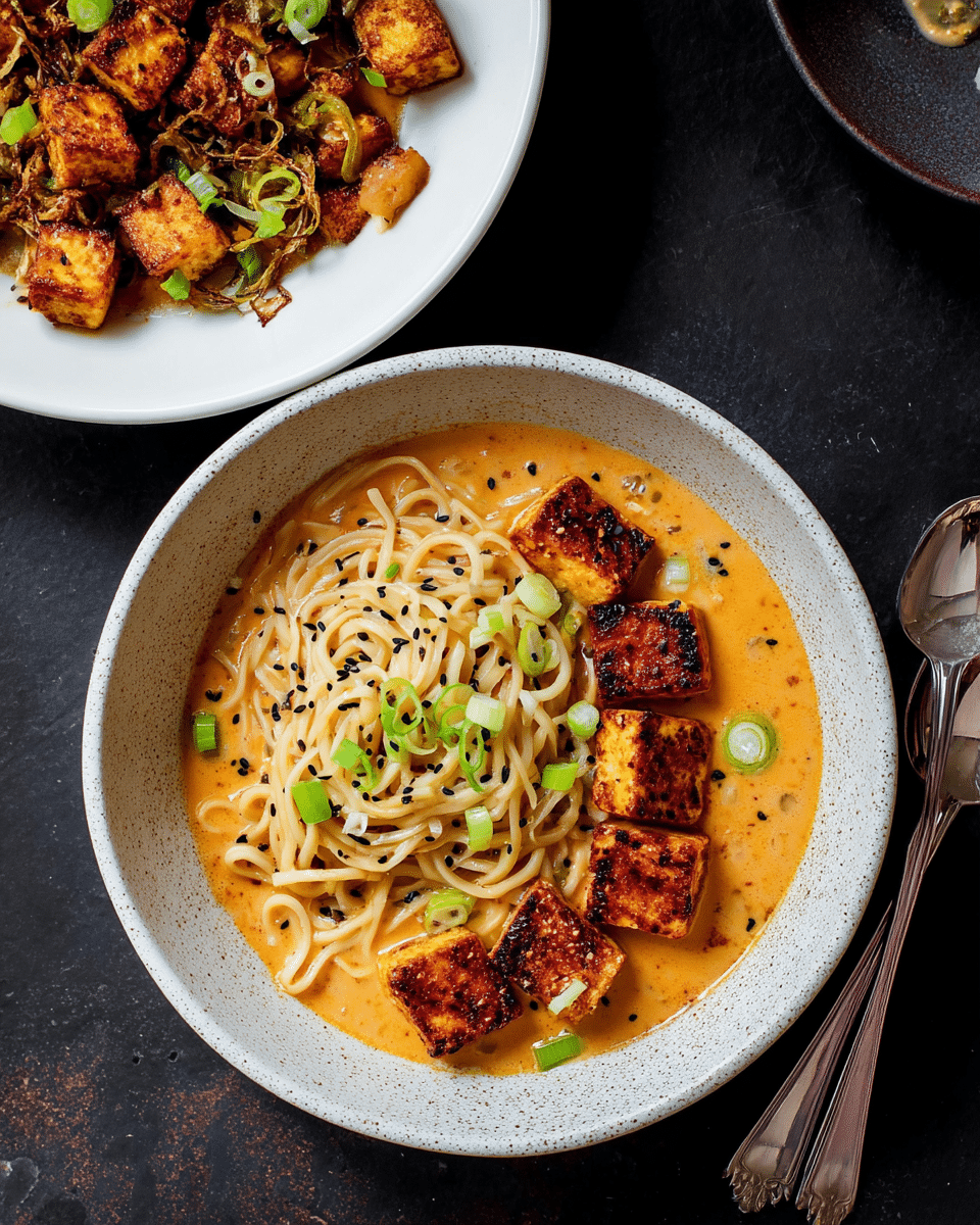 A white speckled bowl holds a creamy orange broth filled with light tan noodles that curl gently, topped with golden brown crispy tofu pieces arranged neatly on one side. Scattered across the noodles and tofu are small bright green onion slices and black and white sesame seeds, adding contrast. To the upper left, a white plate contains more browned, crispy tofu cubes with some green onion slices scattered over them. The whole scene rests on a dark surface, and a silver fork and spoon are placed at the bottom right. photo taken with an iphone --ar 4:5 --v 7