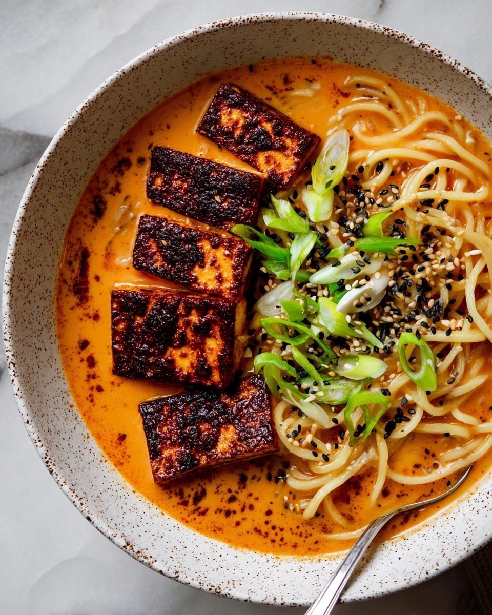 A white speckled bowl holds a layered dish starting with pale yellow noodles coiled at the base, soaked in a rich orange broth that has a smooth, slightly oily texture. On top, there are six large, rectangular pieces of tofu with a dark brown, crispy, and slightly charred surface, arranged gently on one side. Bright green sliced scallions are scattered across the noodles and broth, adding freshness. Black and white sesame seeds are sprinkled on the tofu and around the dish for a finishing touch. The bowl is placed on a white marbled surface, and a silver spoon is visible beside it. photo taken with an iphone --ar 4:5 --v 7
