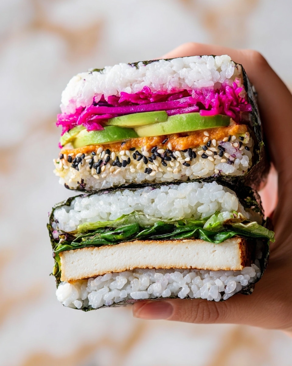 A close-up of two sushi sandwich halves held by a woman's hand, layered with white rice on the top and bottom. The first sandwich shows a top layer of white rice, followed by bright magenta pickled cabbage, thin green avocado slices, a middle orange spread with black sesame seeds, and more white rice at the bottom, wrapped in dark seaweed. The second sandwich has white rice on the bottom, a layer of green leafy spinach, bright magenta pickled cabbage, slices of green avocado, a thick white tofu layer with a light brown crispy crust, and then wrapped with dark seaweed. The background has a soft white marbled texture. photo taken with an iphone --ar 4:5 --v 7