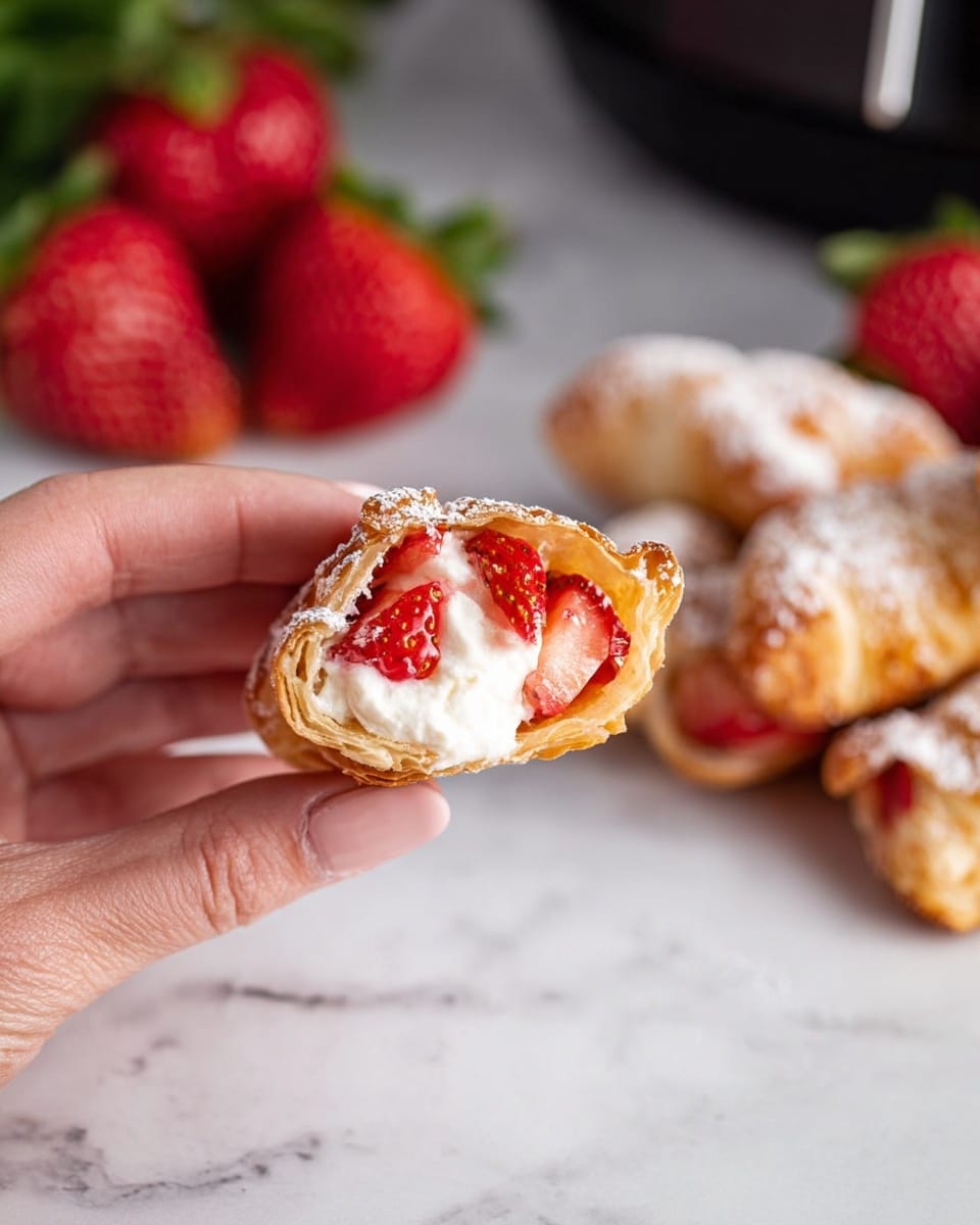 A close-up of a woman's hand holding a bite-sized pastry filled with white creamy cheese and bright red strawberry pieces inside; the pastry is golden brown and crisp. In the background, there are fresh whole strawberries with green leaves on a white marbled surface. Below, a pile of similar golden pastries dusted lightly with powdered sugar is slightly out of focus. Photo taken with an iphone --ar 4:5 --v 7