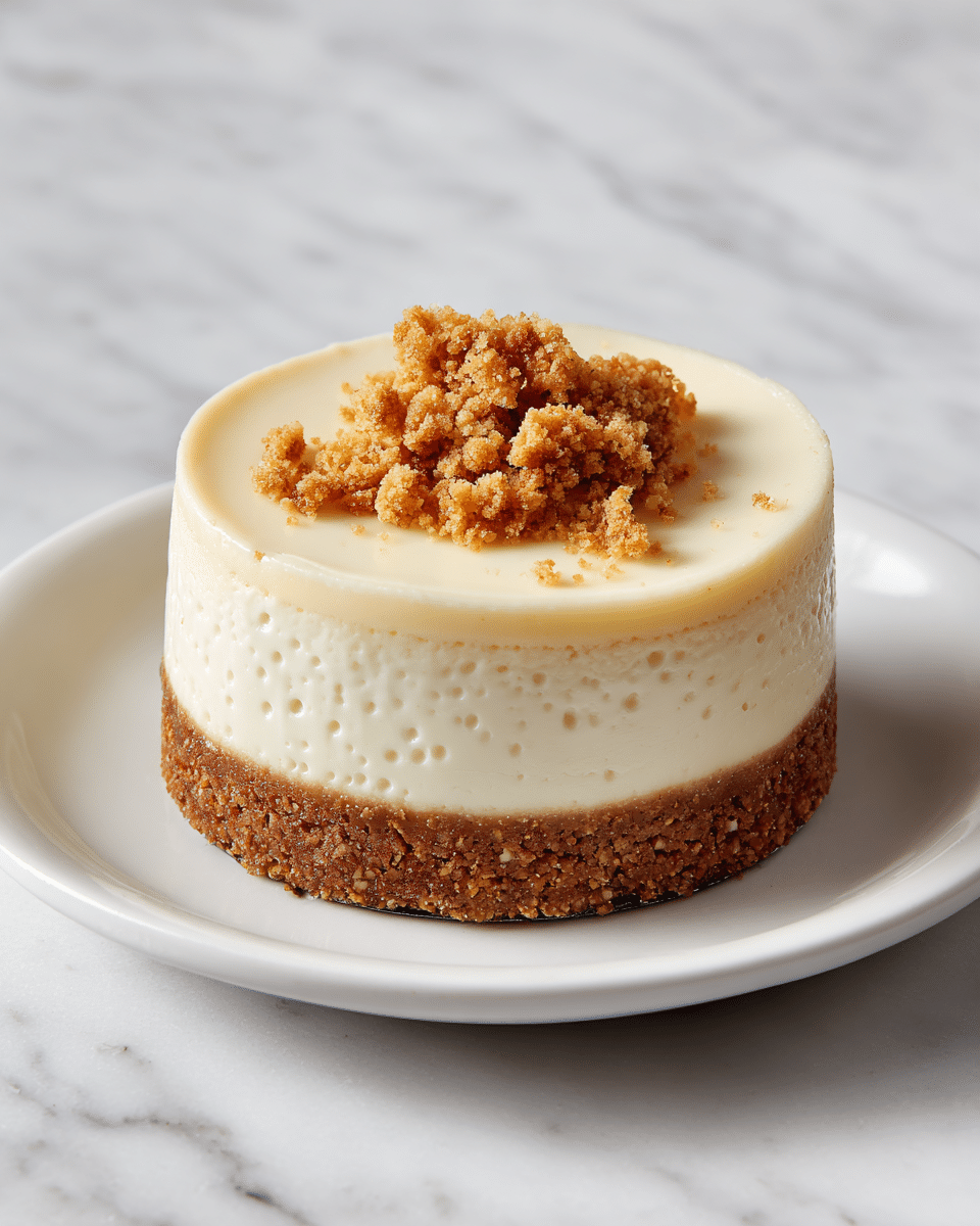 A small cheesecake is placed on a plain white plate on a white marbled surface. The cheesecake has two layers: a thick, crumbly light brown crust at the bottom, and a thick pale cream middle layer with a smooth and slightly bumpy texture. On top of the cheesecake, there is a small, irregularly shaped crumbled piece matching the crust color. Photo taken with an iphone --ar 4:5 --v 7