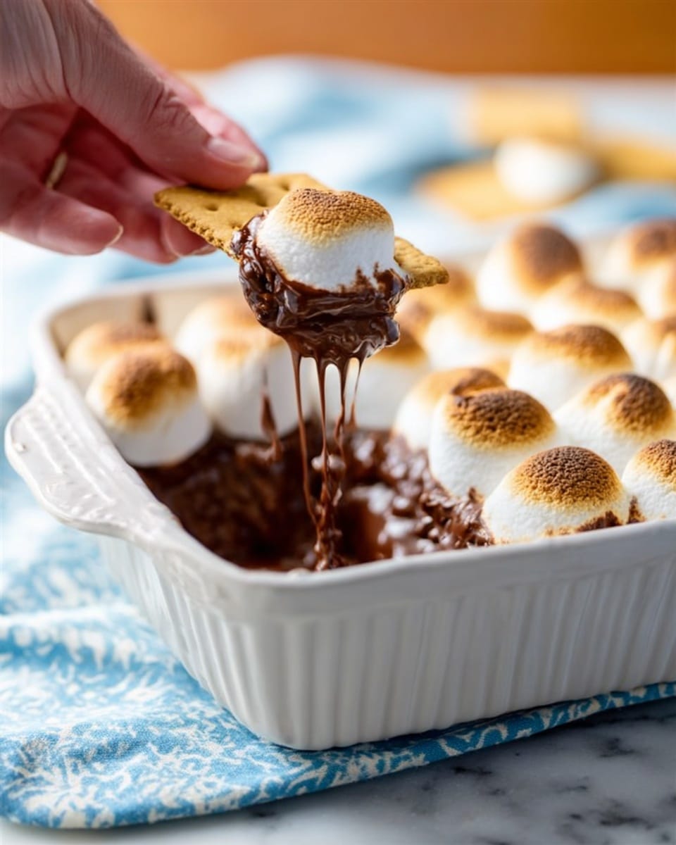 A white rectangular baking dish filled with a toasted marshmallow layer on top, golden-brown and slightly puffed. Below the marshmallows, a thick, glossy dark brown melted chocolate layer is visible, soft and gooey. A woman's hand is holding a graham cracker piece covered in a toasted marshmallow on one side and melted chocolate dripping from the bottom. The dish is placed on a white marbled surface with a soft blue patterned cloth nearby. photo taken with an iphone --ar 4:5 --v 7