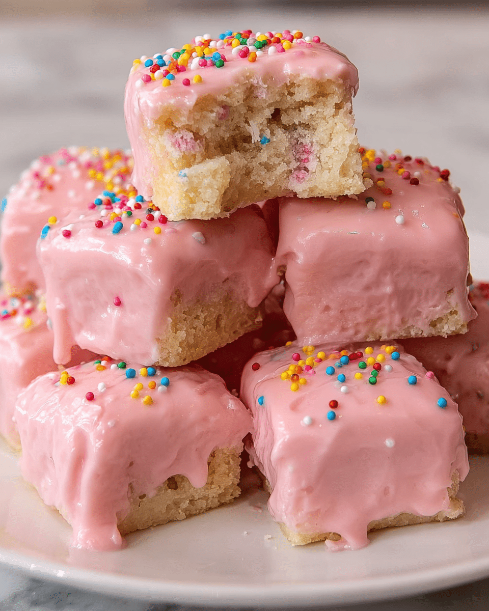 A close-up view of square cake bites stacked in a pyramid shape on a white plate, each piece covered in smooth, thick pink frosting that drips slightly over the edges. The top cake bite has a bite taken out, revealing a light, soft inside sprinkled with tiny colorful bits of candy or sprinkles. The pink frosting is topped with small, round multicolored sprinkles that add texture and color contrast. The plate sits on a white marbled surface. photo taken with an iphone --ar 4:5 --v 7