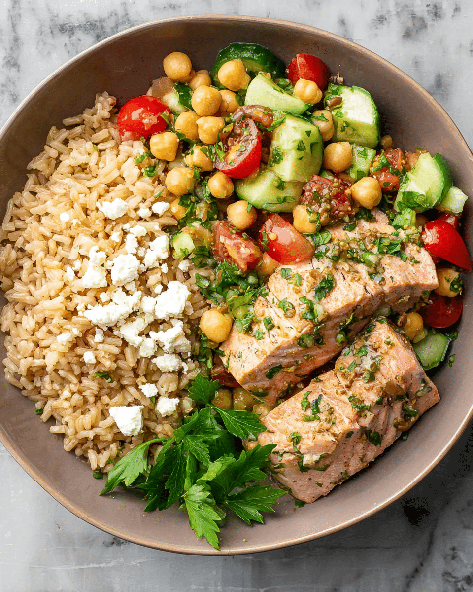A white bowl filled with three main layers: on the left side, a pile of light brown cooked rice with a few white crumbly cheese spots on top; the top right section has a colorful salad made of beige chickpeas, bright green cucumber chunks, halved red cherry tomatoes, and green herbs mixed in; the bottom right corner contains two pieces of light pink cooked salmon with some herbs on top, accompanied by fresh green parsley leaves for garnish. The bowl is placed on a white marbled surface. photo taken with an iphone --ar 4:5 --v 7