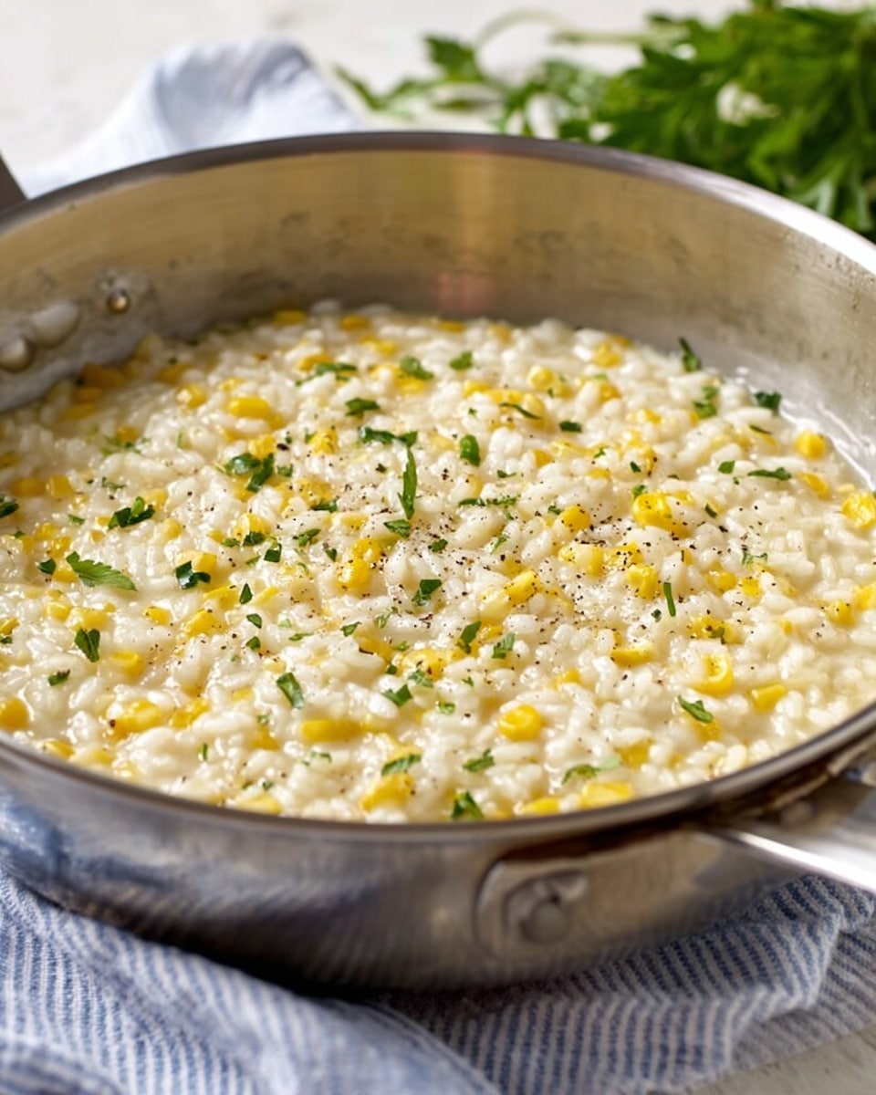 A close-up view of a shiny metal pan filled with creamy risotto that has white rice grains mixed with small yellow corn kernels, creating a textured surface with hints of finely chopped green herbs sprinkled evenly. The top is lightly seasoned with black pepper specks. The pan sits on a soft blue and white striped cloth over a white marbled surface, with some fresh green herbs partially visible in the background. photo taken with an iphone --ar 4:5 --v 7