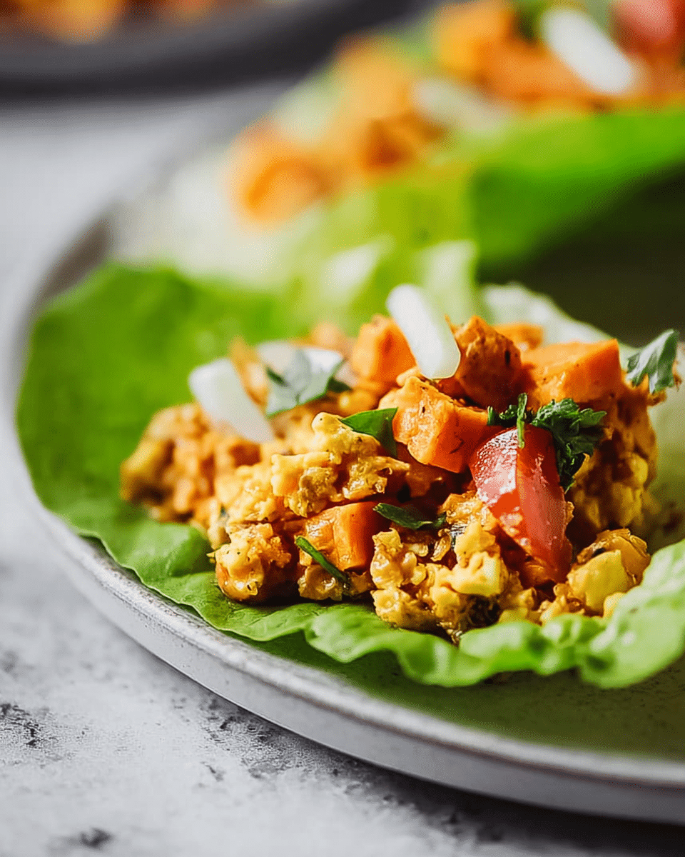A close-up view of a lettuce wrap placed on a white plate, featuring a mix of cooked diced orange sweet potatoes, creamy scrambled eggs, and small bits of bright red tomatoes layered on a fresh green lettuce leaf, topped with thin slices of white onion and small pieces of chopped parsley; the white marbled surface underneath adds a clean, bright background to the warm, vibrant colors of the dish. photo taken with an iphone --ar 4:5 --v 7
