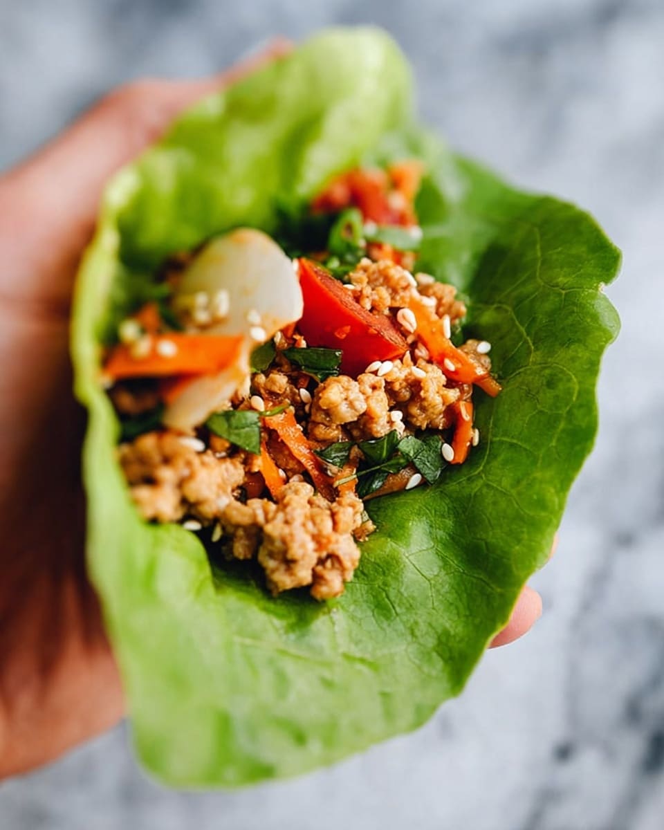 A close-up view of a small wrap with three layers, held by a woman's hand. The base layer is a fresh green leafy lettuce, smooth and slightly curled to form a cup shape. Inside, the second layer is a mix of small chunks of cooked ground meat colored light brown, scattered with thin bright orange carrot strips and small pieces of green herbs. The top layer shows diced red tomatoes and a round white slice of a vegetable or bulb, sprinkled with sesame seeds adding small white spots. The overall image has a bright, fresh look with sharp colors against a white marbled background. Photo taken with an iphone --ar 4:5 --v 7
