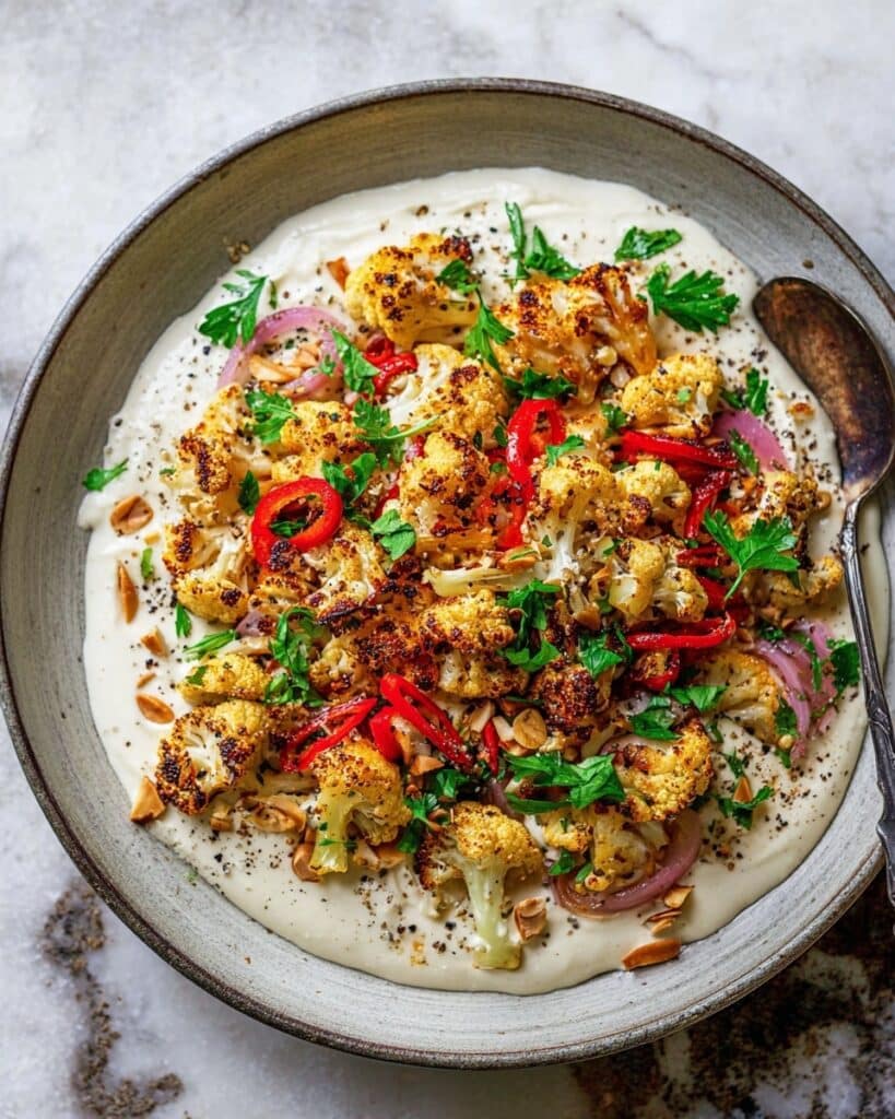 Crispy Spiced Cauliflower with Yogurt Tahini Sauce and Fresh Garnishes Recipe