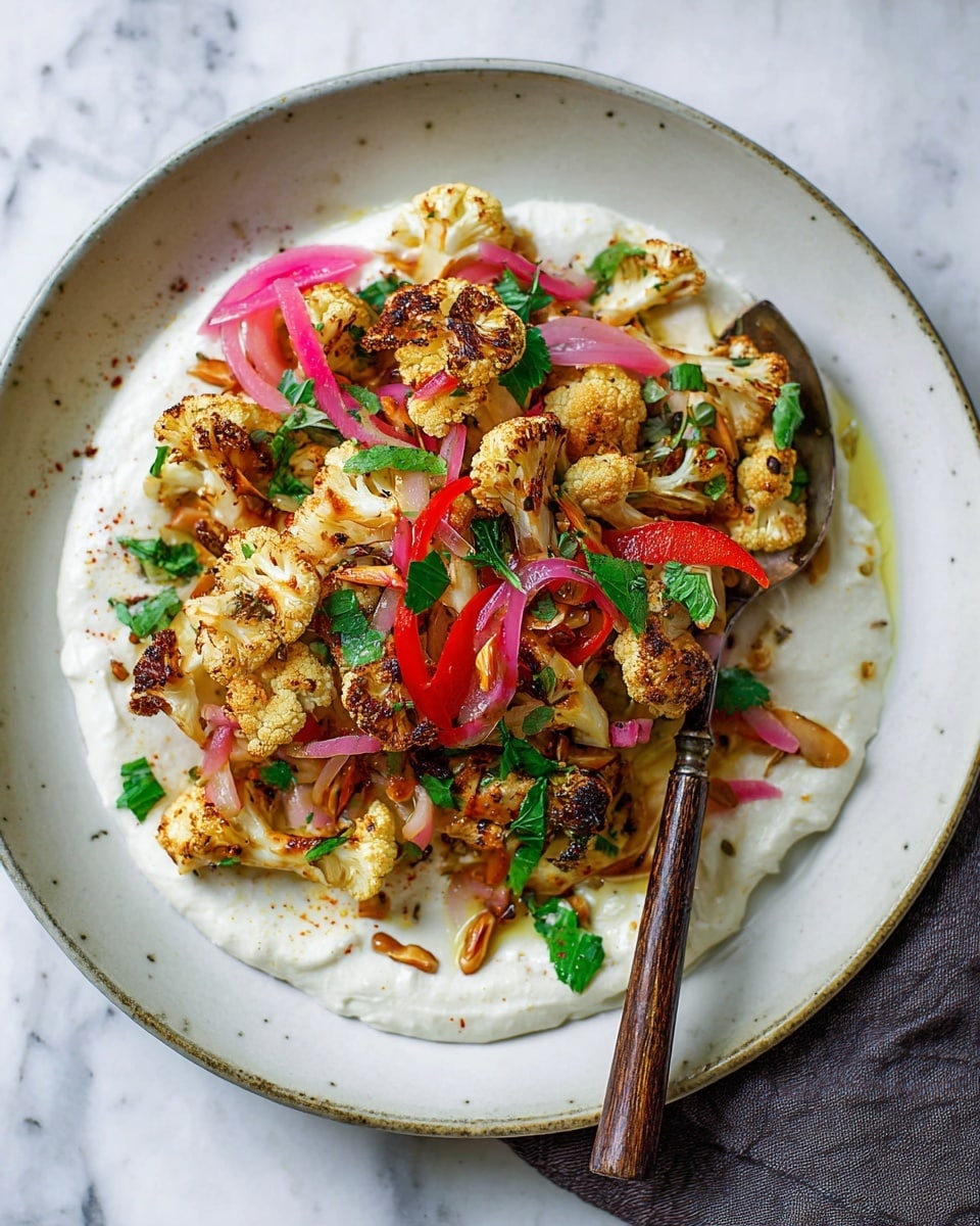 A white plate holds a creamy white base spread in a circular shape with a thick texture, topped with a pile of roasted cauliflower pieces that are golden brown with crispy edges. Mixed among the cauliflower are thin slices of red bell pepper, pink pickled onion rings, and green leafy herbs, creating a colorful contrast. Small almond slices are scattered around, adding texture. A wooden-handled fork rests on the plate's edge, and the dish is set against a white marbled surface. photo taken with an iphone --ar 4:5 --v 7