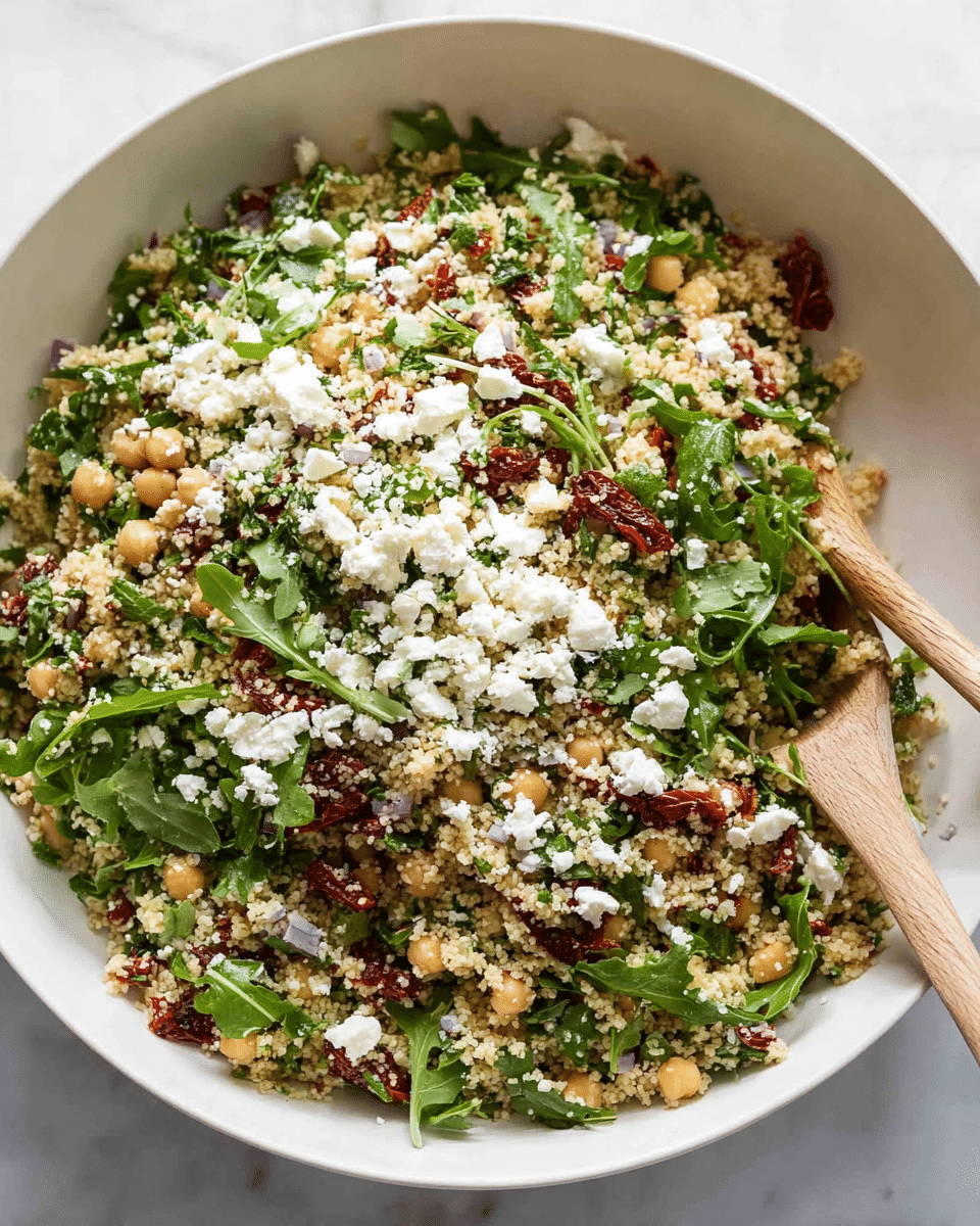 The image shows a bowl filled with a mixed salad. The base layer is light-colored couscous with a crumbly texture. Mixed within it are bright green arugula leaves spread evenly throughout. There are thin slices of red sun-dried tomatoes scattered in the salad, adding a dark red color. Small, round beige chickpeas are spread throughout the bowl. Diced purple-red onions add small pops of color. On top, there are white crumbles of soft cheese scattered around. A wooden spoon is partially visible on the left side of the bowl. The bowl is white and placed on a white marbled surface. photo taken with an iphone --ar 4:5 --v 7