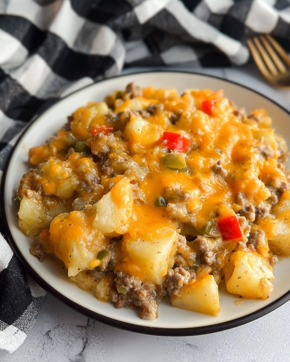 A close-up of a white plate filled with a creamy casserole dish that has multiple layers of small diced potatoes, ground meat, and melted orange cheddar cheese mixed throughout, with bits of red and green bell peppers scattered inside. The dish has a thick texture with a slightly glossy finish from the melted cheese and sauce, set on a white marbled textured surface with a black and white checkered cloth partially visible behind the plate, photo taken with an iphone --ar 4:5 --v 7