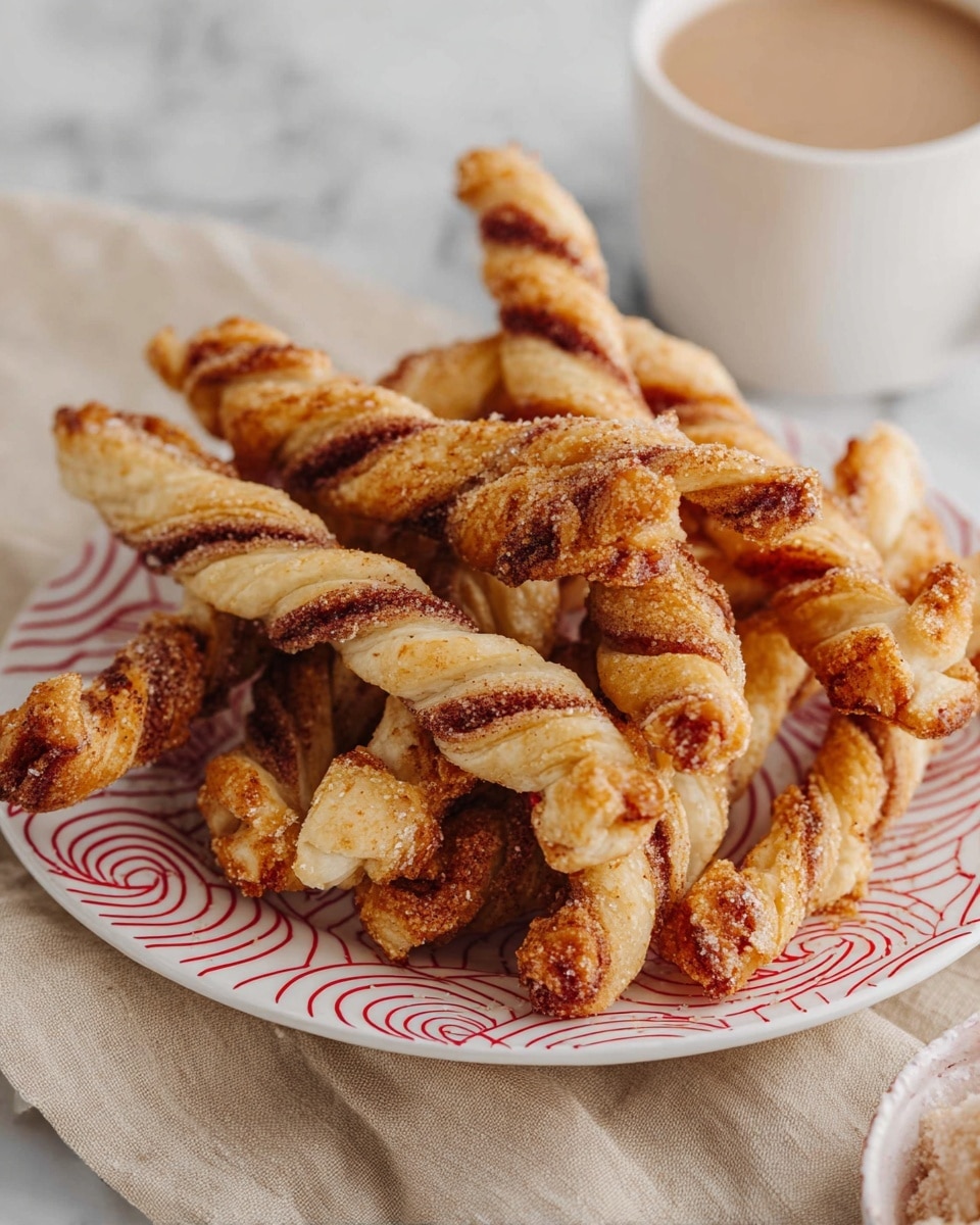 The image shows a white plate with a red pattern of stars and small houses, holding four twisted puff pastry sticks. Each pastry stick has two visible layers twisted together, one layer is a light golden brown with a flaky texture, and the other layer is a darker cinnamon brown with sugar sprinkled on top. The pastries are placed close together in the center of the plate, with a soft light illuminating the layers giving them a warm, baked color. The plate rests on a textured light gray cloth on a white marbled surface. Photo taken with an iphone --ar 4:5 --v 7