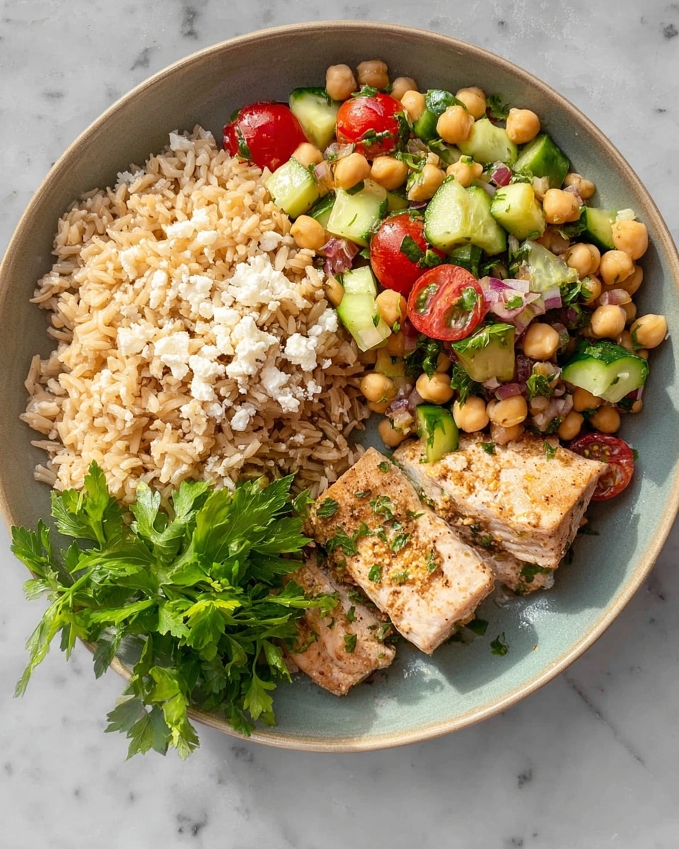 A green bowl contains three main layers: on the left side, there is a thick layer of cooked brown rice with a light sprinkling of white crumbled cheese on top; next to it, a fresh salad made of small chickpeas, bright green cucumber chunks, halved red cherry tomatoes, and leafy greens, speckled with white cheese bits; on the right side, three pieces of light pink cooked salmon with visible seasoning flakes are placed slightly overlapping, garnished with a sprig of fresh parsley. In the background, there is another green bowl with a similar salad. The setting is on a white marbled surface, with a small jar featuring a gold lid and blue label blurred out behind the bowls. photo taken with an iphone --ar 4:5 --v 7