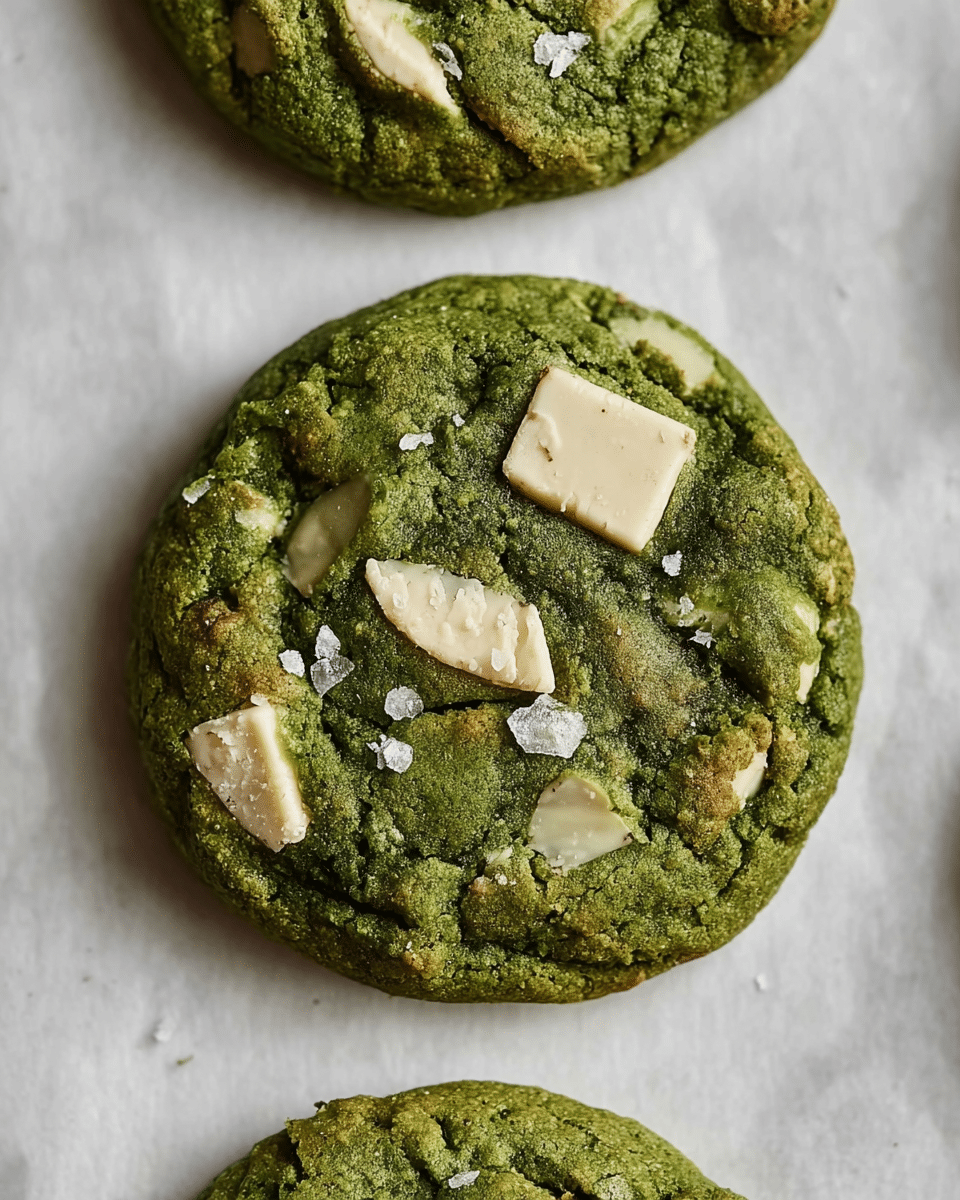 A close-up of a single green cookie with an uneven surface showing various rough and bumpy textures. Embedded in the cookie are several large white chunks of what looks like chocolate, each with a creamy texture and irregular shapes. Small white flakes, possibly sea salt, are scattered on top of the green cookie, adding contrast. The cookie rests on a sheet of white parchment paper against a white marbled texture background, with parts of two other identical cookies visible at the top and bottom edges of the image. photo taken with an iphone --ar 4:5 --v 7