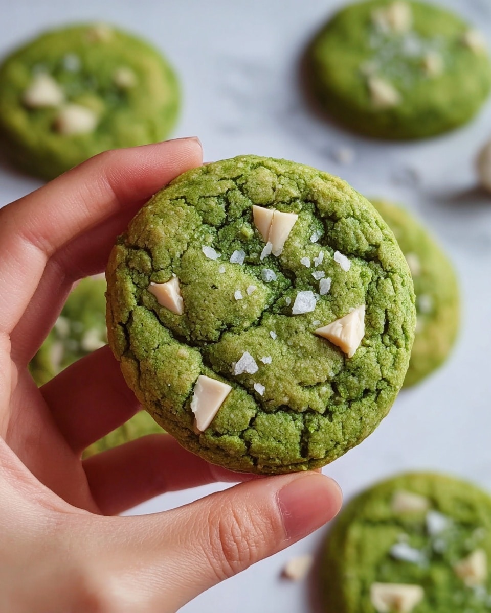 A close-up view of a single round green cookie held between a woman's thumb and forefinger, the cookie has a textured surface with chunks of pale white chocolate scattered evenly across it, and a few flakes of white sea salt on top, more similar cookies lie blurred in the white marbled background. Photo taken with an iphone --ar 4:5 --v 7
