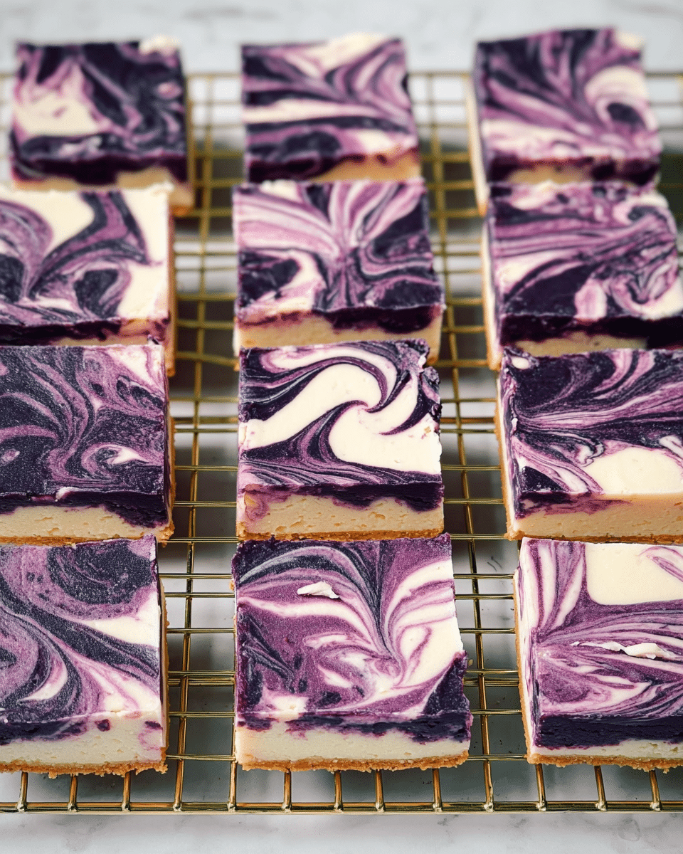 The image shows many square pieces of purple and white marbled cheesecake bars placed on a gold cooling rack. Each piece has two visible layers: a cream-colored base layer and a thick top layer with swirling patterns of dark purple and white, creating a smooth marble effect. The marbled top layer has a glossy texture with irregular wave-like swirls. The cooling rack sits on a white marbled surface, adding to the clean and bright look. photo taken with an iphone --ar 4:5 --v 7