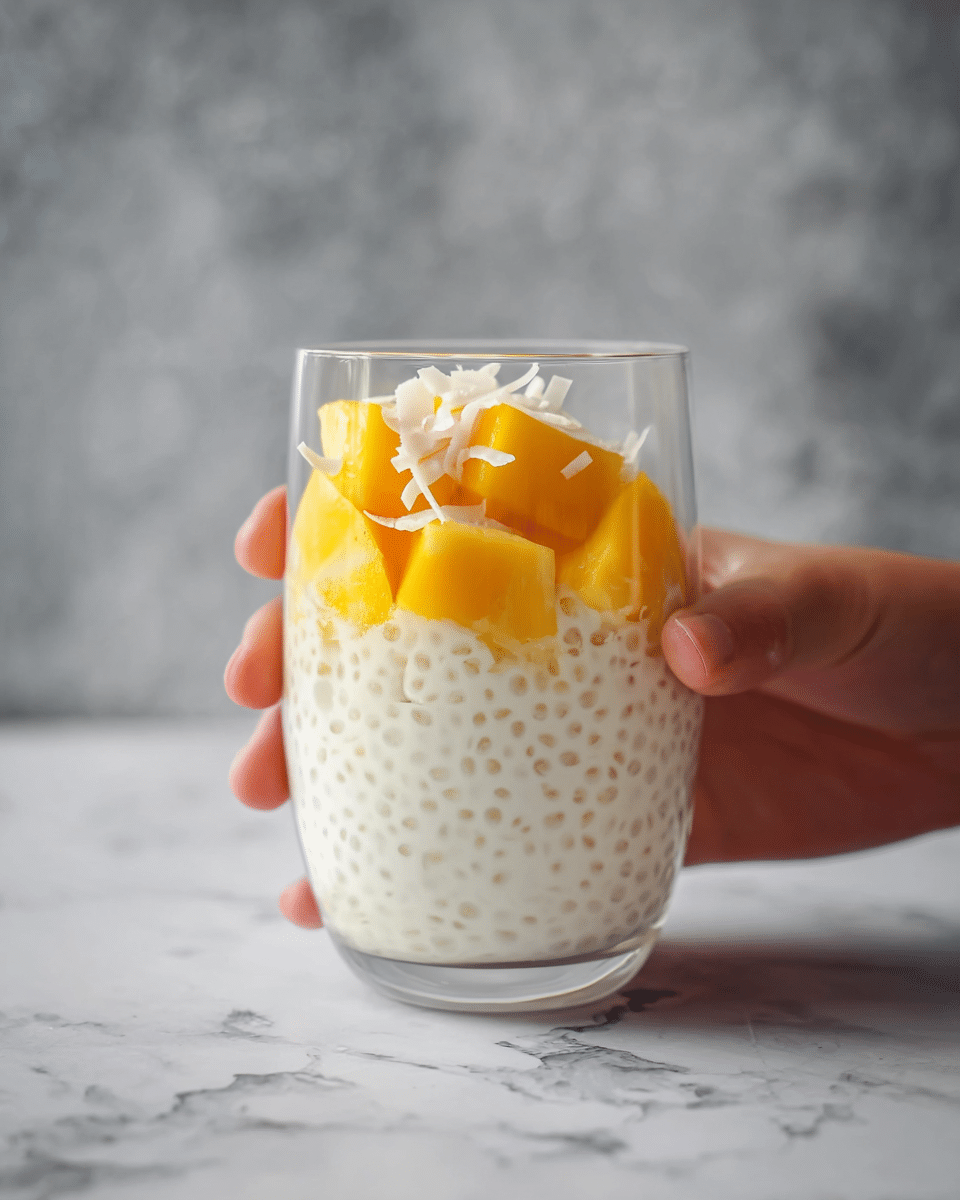 The image shows a clear double-walled glass filled with a creamy white tapioca pudding mixed with small, round tapioca pearls as the first layer covering most of the glass. On top, there are chunks of bright yellow mango pieces spread evenly as the second layer. Thin, pale cream-colored coconut flakes are sprinkled on the top as the final layer. A woman's hand is gently holding the glass from the side, and the whole setup is placed on a white marbled surface with a soft blurred gray background. photo taken with an iphone --ar 4:5 --v 7
