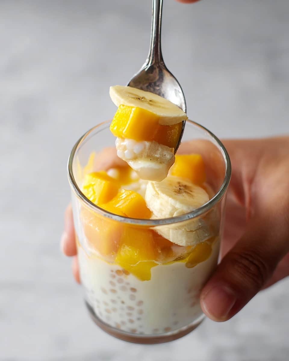 A clear glass cup is held by a woman's hand against a white marbled background, filled with a dessert that has three main layers: at the bottom are small, translucent tapioca pearls in a creamy, white coconut milk base; the middle layer consists of bright yellow-orange mango cubes that are soft and juicy; on top rests thin, pale yellow slices of banana. A spoon held by a woman's hand scoops some of the dessert, showing a close-up of the banana slice, mango cubes, and tapioca pearls coated in the coconut milk. The overall texture is creamy and smooth with pops of juicy fruit. photo taken with an iphone --ar 4:5 --v 7