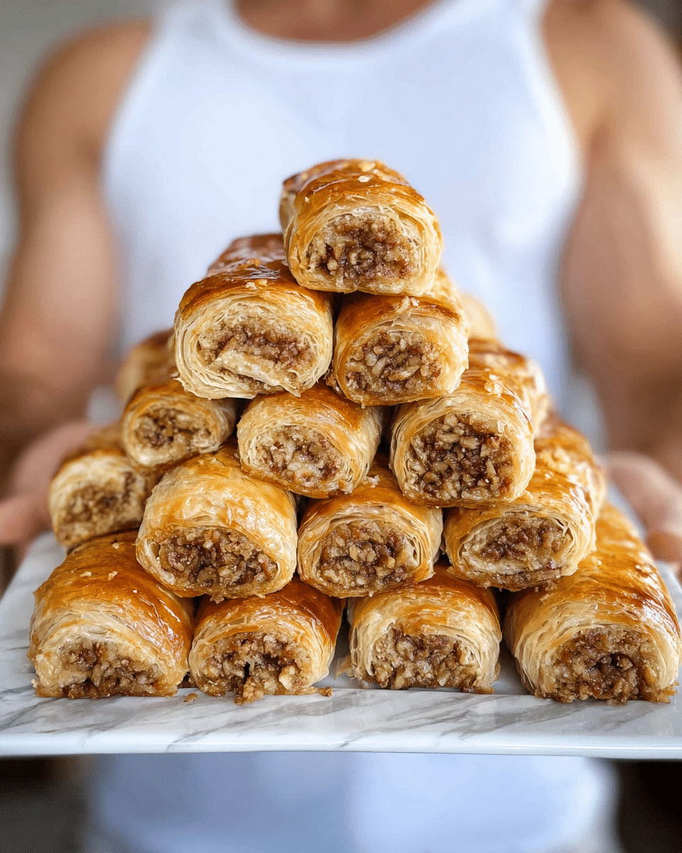 A close-up view of a white rectangular plate stacked in a pyramid shape with multiple rolled pastries. Each pastry has a golden-brown, shiny, and flaky outer layer with visible crisp folds, wrapping around a dense, textured filling that is light brown with small nut pieces inside. The pastries are tightly packed in five horizontal layers, with the bottom layer holding the most and each upper layer gradually decreasing in number to form the pyramid. A person in a white tank top is holding the plate from behind, and the scene is set against a white marbled texture. photo taken with an iphone --ar 4:5 --v 7