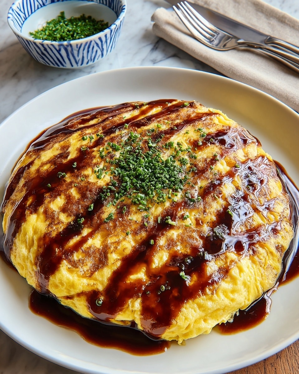 The dish is a round, thick omelette served on a white plate placed on a white marbled texture surface. The omelette has a slightly uneven golden-yellow color with soft and fluffy texture visible on the outside. It is generously covered with a glossy dark brown sauce that is drizzled in thick lines across the top and runs slightly down the sides. In the center, a sprinkling of finely chopped green herbs adds a fresh contrast to the rich sauce and bright yellow egg. Behind the plate, there is a small white bowl with blue patterns, holding more green herbs, and next to it, a knife and fork rest on the white marbled surface. Photo taken with an iphone --ar 4:5 --v 7