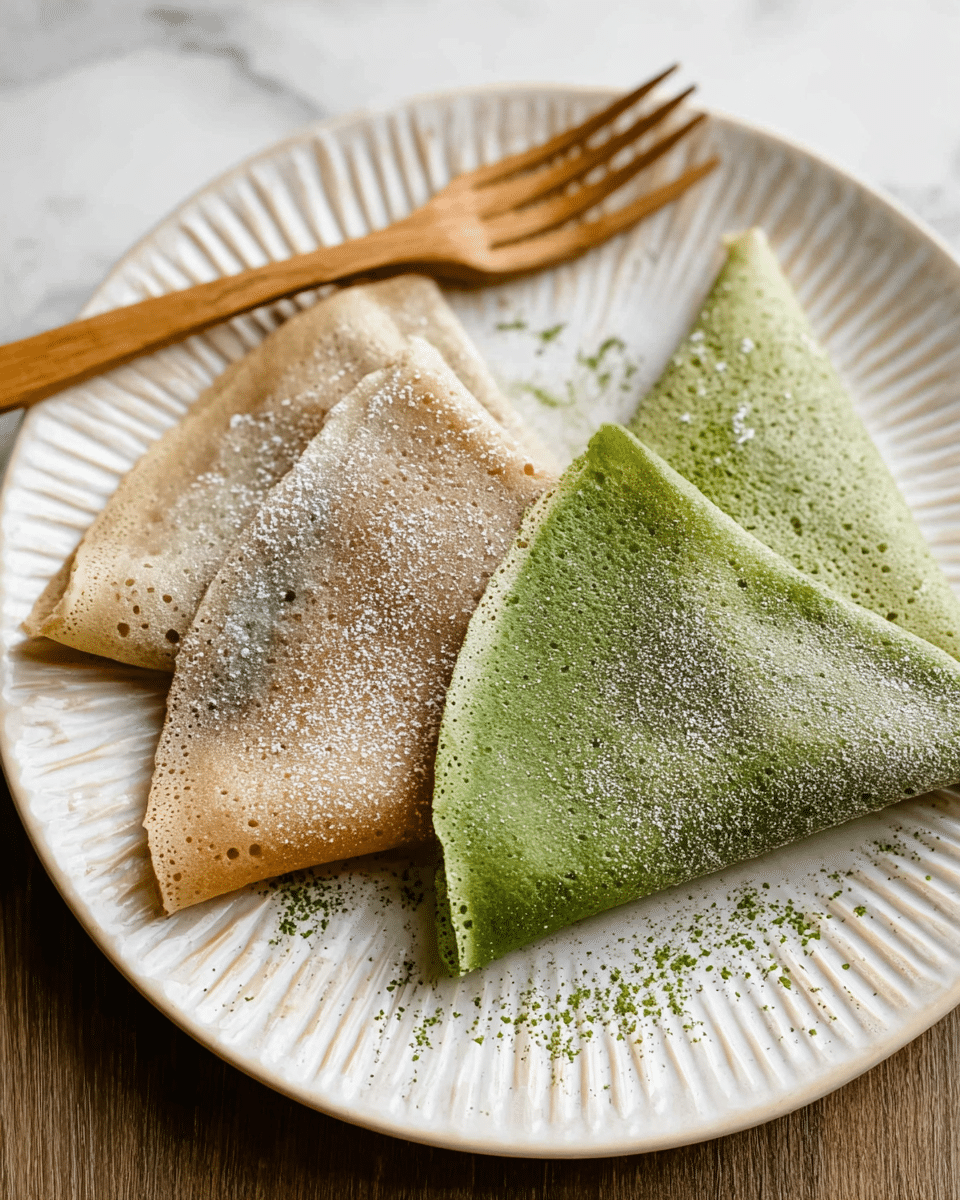 Three triangle-shaped folded crepes are placed on a white round plate with a ridged pattern. Two crepes are beige with a light dusting of powder on their surfaces, and one crepe in the middle is green, also with a powdery texture. The crepes look soft and slightly thick. A light dust of green powder decorates the plate around them. On the left side of the plate, a wooden fork leans against the edge, and the whole scene is set on a white marbled surface. photo taken with an iphone --ar 4:5 --v 7
