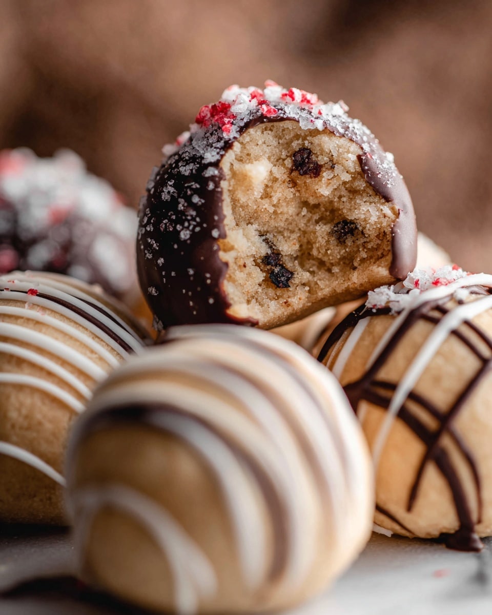 A close-up image shows two round, light brown cookie balls with a smooth texture. One cookie ball is decorated by thin, dark brown chocolate lines evenly spaced across the top, while the other is drizzled with thin, white icing in a random swirling pattern. Both cookie balls sit on a flat, white marbled surface that contrasts gently with the cookies’ warm tones. The focus is on the top sides of the two cookie balls, showing their delicate toppings clearly, with a soft blurred background. Photo taken with an iphone --ar 4:5 --v 7