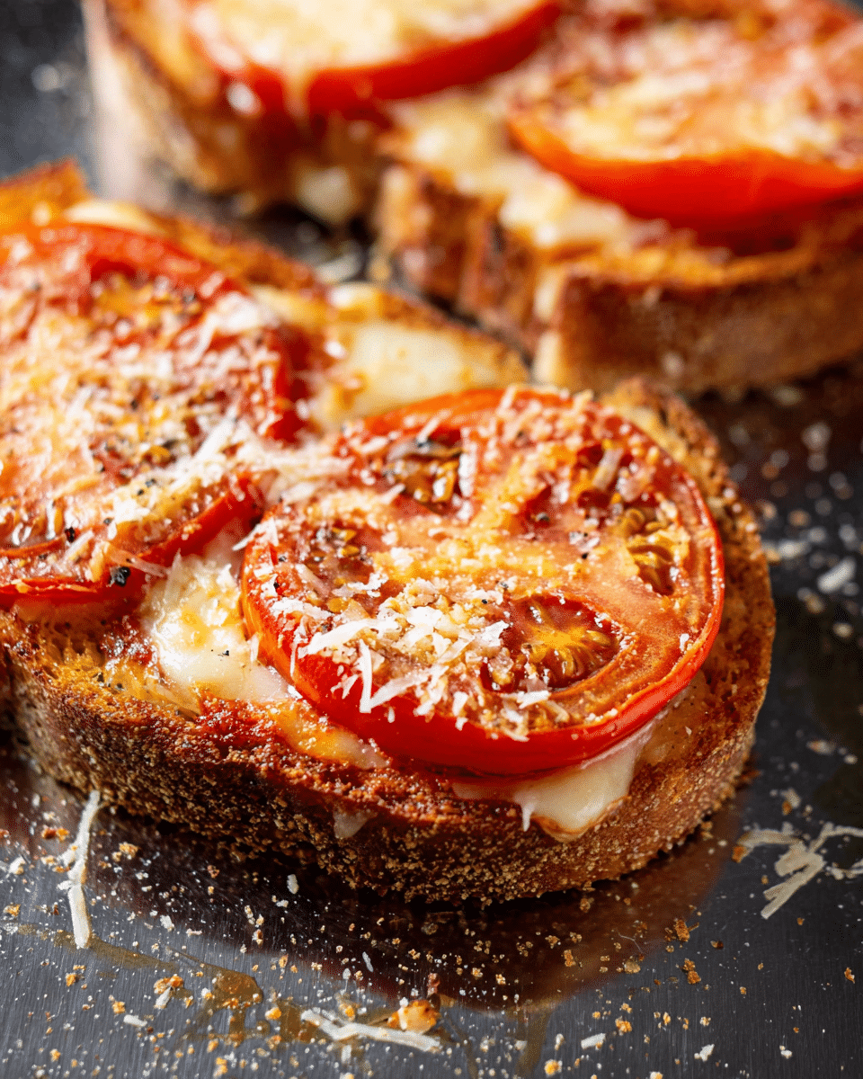 A close-up view of two pieces of toasted bread topped with melted cheese and thick slices of cooked red tomatoes, arranged side by side on a reflective surface with scattered grated cheese around them; the bread looks crispy and golden brown with a coarse texture, while the tomatoes appear soft and juicy with lightly browned edges from cooking, and the melted cheese is creamy and slightly browned on top. Photo taken with an iphone --ar 4:5 --v 7