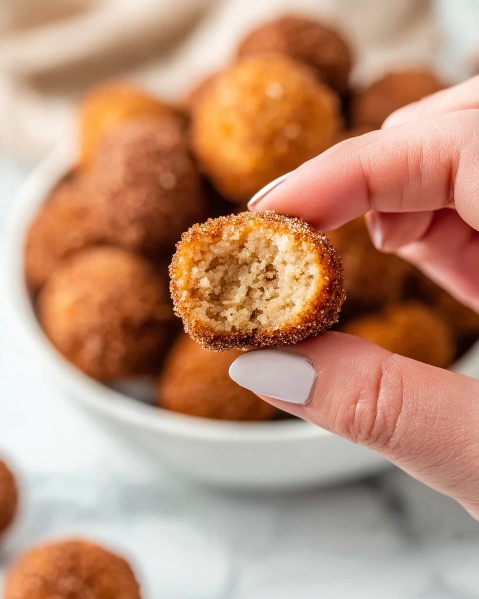 A close-up of a woman's hand holding a small, round, bite-sized fried donut ball with a rough, golden-brown, cinnamon sugar-coated outer layer and a soft, light beige inside that appears moist and airy. In the blurred background, a white bowl is filled with more of these donut balls, showing their textured, crispy surfaces in warm brown tones. The scene is set on a white marbled surface. Photo taken with an iphone --ar 4:5 --v 7