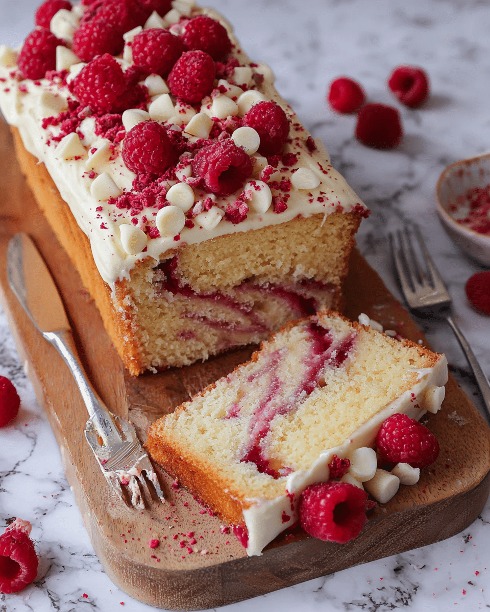 The image shows a rectangular berry cake with visible layers: the bottom layer is light golden sponge cake with darker pink raspberry swirls inside, topped by a thick, creamy white frosting layer covered in fresh red raspberries, small white chocolate chips, and red berry crumbles. The cake rests on a wooden board set on a white marbled surface. A slice is cut and laid down in front of the main cake, showing the moist texture and berry filling inside the slice; the slice is decorated with raspberries on the frosting edge. A silver fork with a raspberry pierced on it is placed on the board near the cake edges, and extra raspberries are scattered around. Photo taken with an iphone --ar 4:5 --v 7
