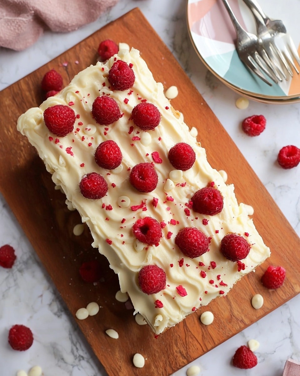 The image shows a rectangular cake with a thick layer of creamy white frosting spread on top. The frosting surface is textured with gentle waves and swirls, and it is decorated with fresh bright red raspberries evenly spaced across the top. Small white chocolate chips and crushed red candy pieces are scattered between the raspberries, adding color contrast and texture. The cake sits on a wooden cutting board with a warm brown tone, placed on a white marbled surface. Around the board, a few loose raspberries and white chocolate chips are visible, along with two silver forks and a white plate with a geometric pastel pattern. Photo taken with an iphone --ar 4:5 --v 7