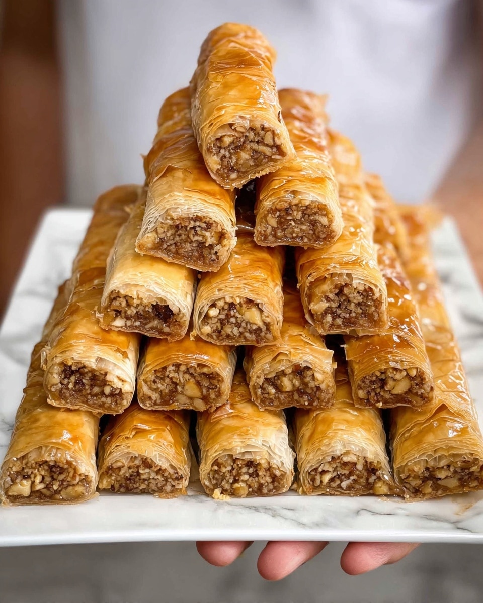 A pyramid stack of about five layers of golden brown pastry rolls is placed on a white square plate. Each roll is cylindrical, showing a textured filling of crushed nuts and sweet syrup at the cut ends. The shiny, flaky outer layer is a rich caramel color with visible layers of thin, crispy dough wrapping tightly around the filling. The rolls are organized neatly in rows, with the bottom row holding the most pieces and each upper row having fewer rolls, forming a triangular shape. The background features a woman’s hand holding the plate and a white marbled surface below. Photo taken with an iphone --ar 4:5 --v 7