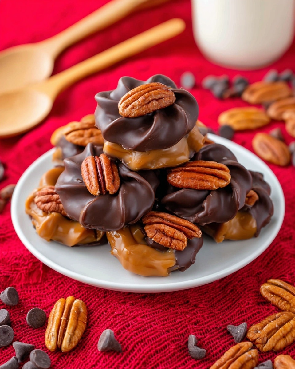 A close-up of a round, flower-shaped cookie held by a woman's hand, featuring three visible layers: the bottom layer is a light tan cookie base with a smooth texture, the middle layer is a circle of whole pecan halves arranged like petals around the cookie, and the top layer is a glossy swirl of dark chocolate placed in the center of the cookie. In the background, a white plate filled with similar cookies rests on a white marbled surface, with a blurred red fabric and cinnamon sticks adding warm colors. photo taken with an iphone --ar 4:5 --v 7