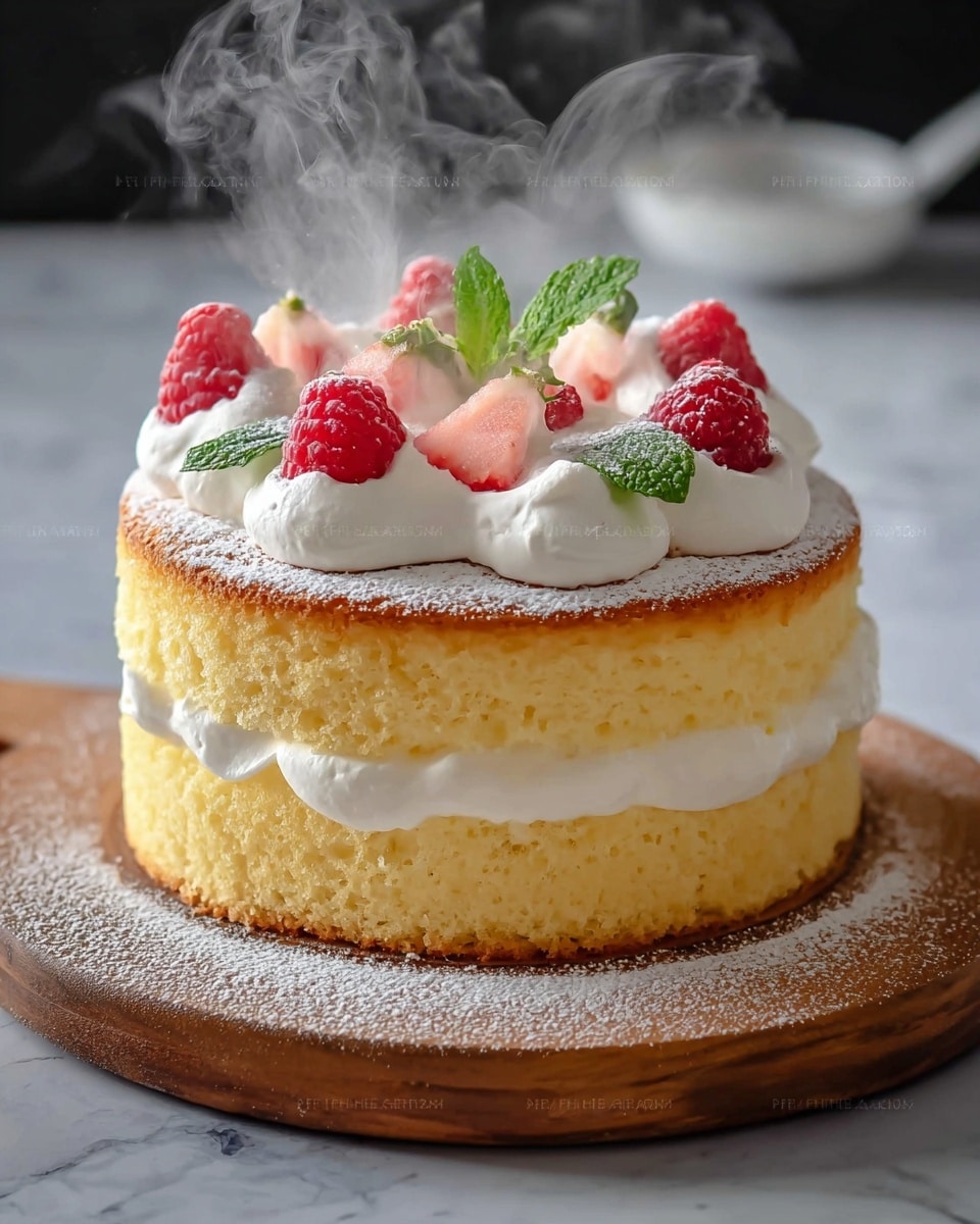 A two-layer light yellow sponge cake sits on a round wooden board with powdered sugar dusted around its base. The bottom layer is a slightly denser yellow cake, while the top layer is a fluffy, soft sponge with a golden brown top. Between the layers, there is a thick ring of white whipped cream filling. On top of the cake, dollops of white whipped cream are arranged in a circle, each topped with fresh red raspberries and pink raspberries, with a few green mint leaves in the center. Steam rises gently from the warm cake, all set against a white marbled texture. photo taken with an iphone --ar 4:5 --v 7